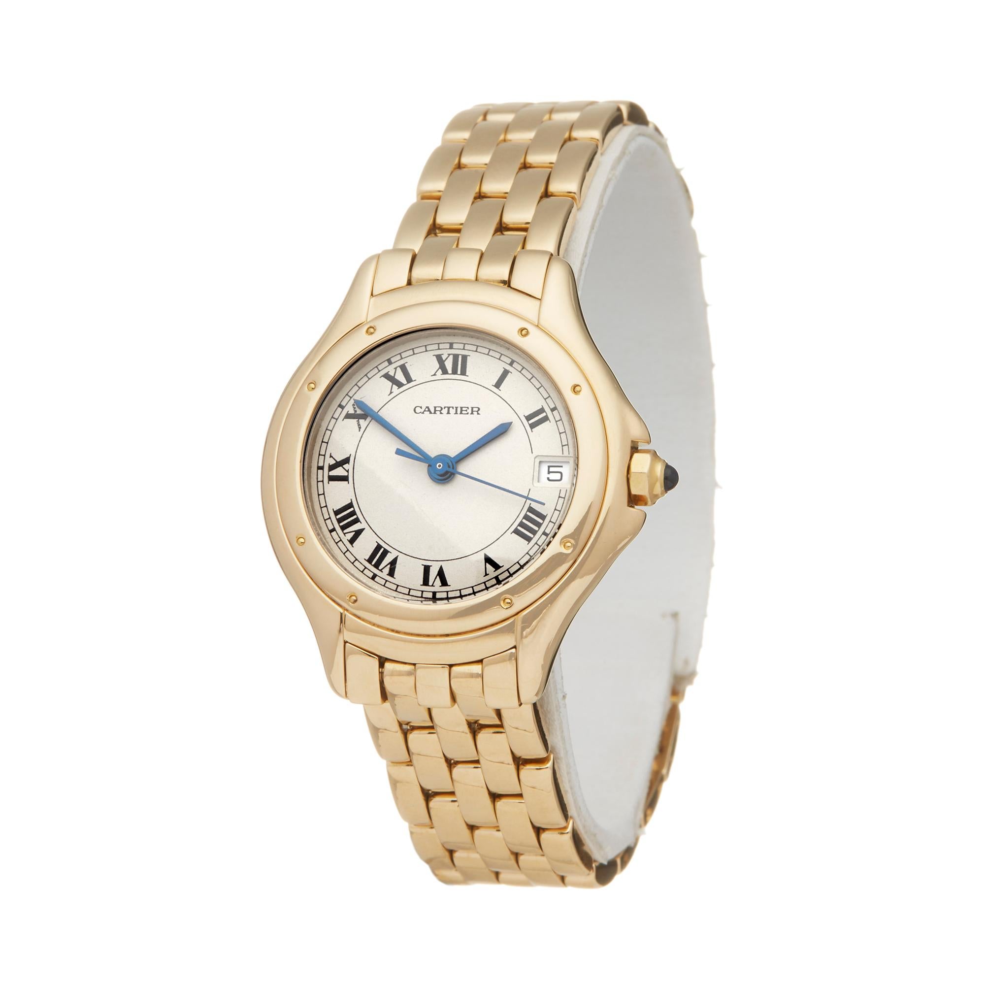 Ref: W5865
Manufacturer: Cartier
Model: Panthère Cougar
Model Ref: 887906
Age: Circa 1990's
Gender: Ladies
Complete With: Box, Service Pouch & Service Papers dated 27th February 2019
Dial: White Roman 
Glass: Sapphire Crystal
Movement: Quartz
Water