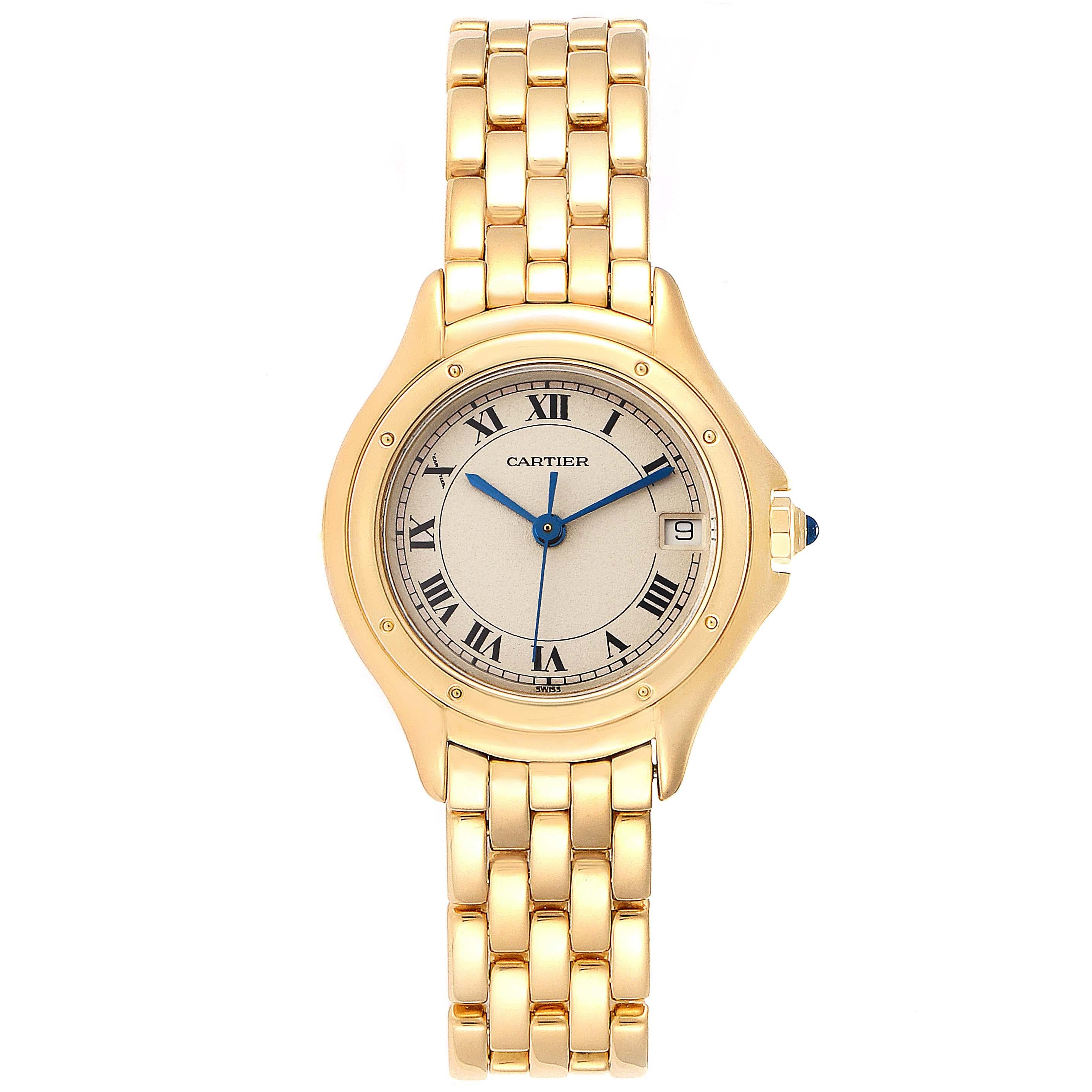 Cartier Panthere Cougar 18K Yellow Gold Ladies Watch 887906. Quartz movement. 18k yellow gold round case 26.0 mm in diameter Octagonal crown set with the diamond. 18k yellow gold bezel. Scratch resistant sapphire crystal. Silver dial with roman