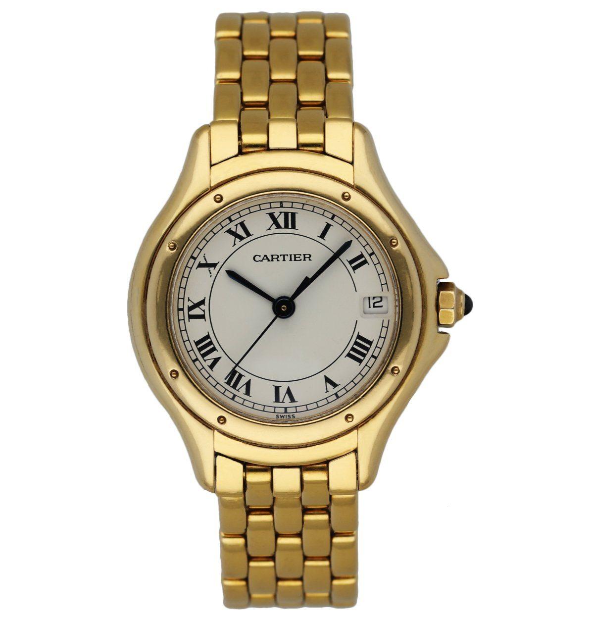 Cartier cougar Panthere Ladies Watch. 24mm 18k Yellow gold case. 18K Yellow Gold smooth bezel. Off-White dial with Blue steel hands and Roman numeral hour markers.Minute markers on the outer dial. Date display at 3 o'clock position. 18K Yellow Gold