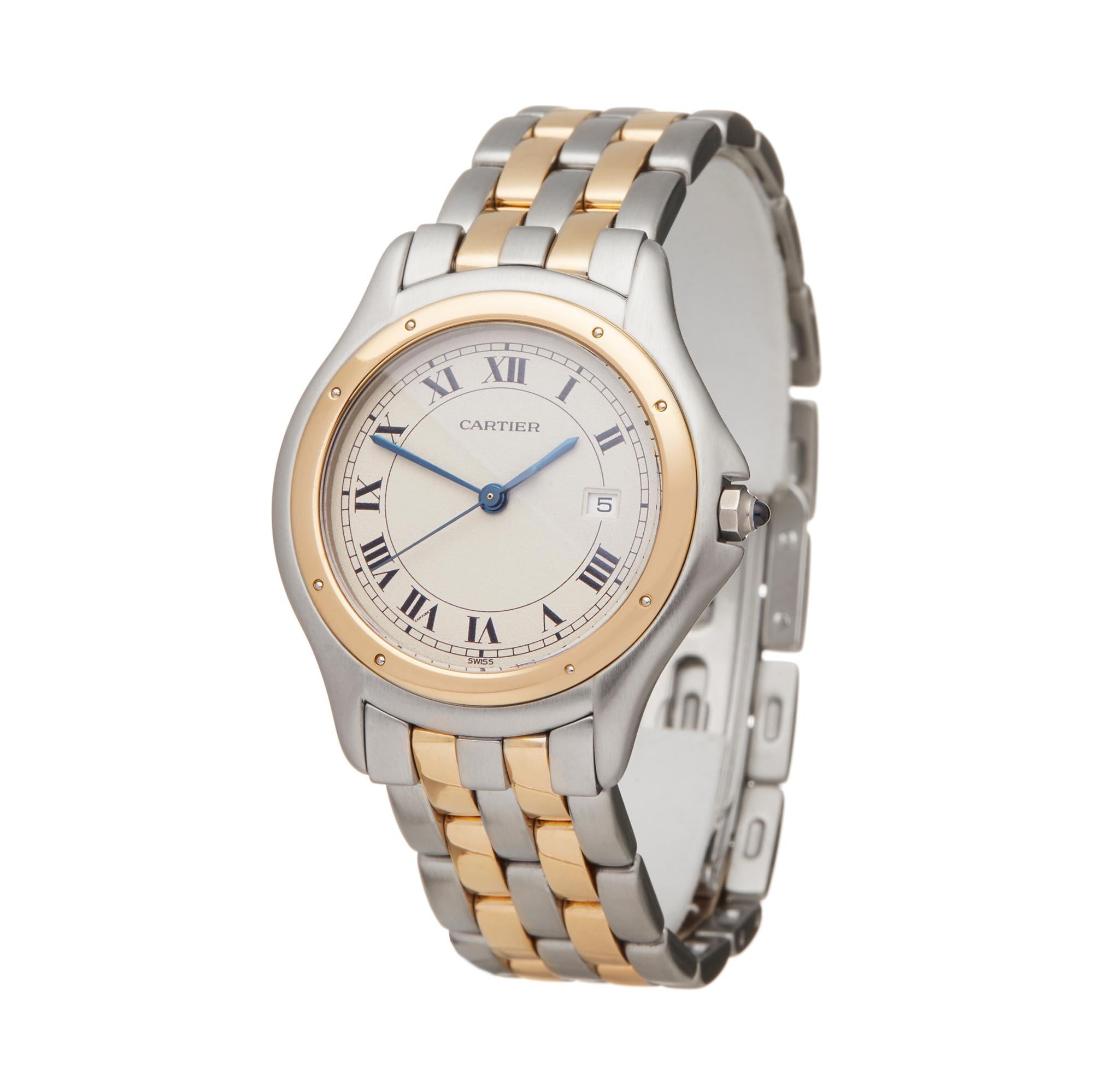 Ref: W5869
Manufacturer: Cartier
Model: Panthère
Model Ref: V74BQV
Age: Circa 1990's
Gender: Mens
Complete With: Presentation Box
Dial: White Roman 
Glass: Sapphire Crystal
Movement: Quartz
Water Resistance: To Manufacturers Specifications
Case: