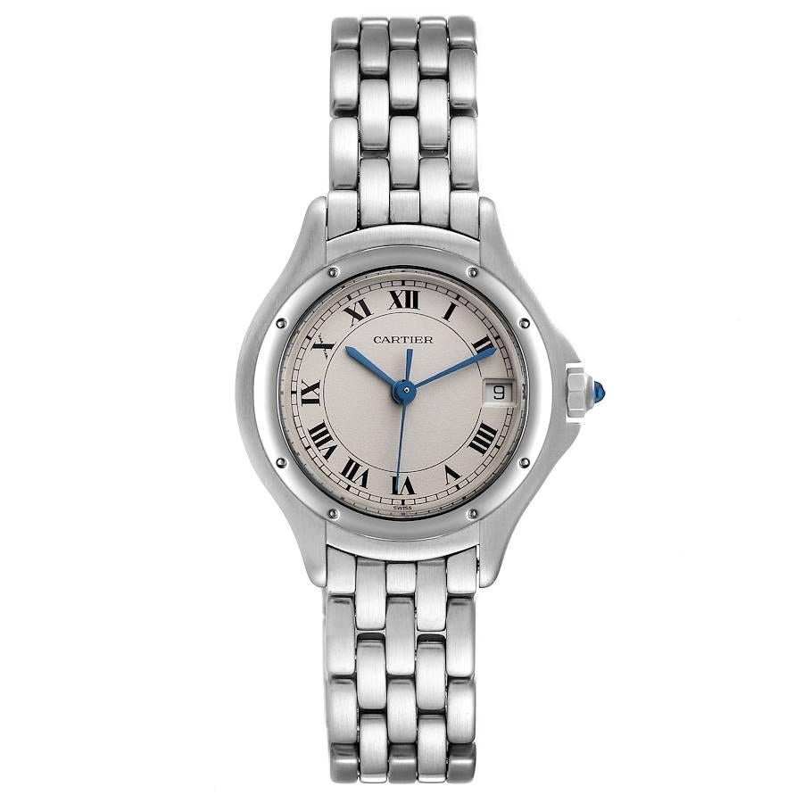 Cartier Panthere Cougar Stainless Steel Silver Dial Ladies Watch 987906. Quartz movement. Stainless steel round case 26.0 mm in diameter Octagonal crown set with the blue spinel cobochon. Stainless steel bezel. Scratch resistant sapphire crystal.