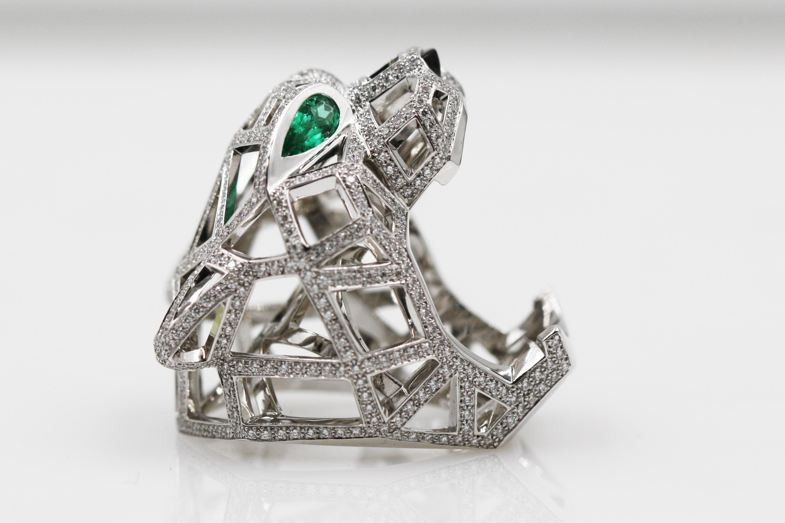 Women's Cartier Panthere De 18 Karat White Gold Ring, Emeralds Onyx Diamonds For Sale