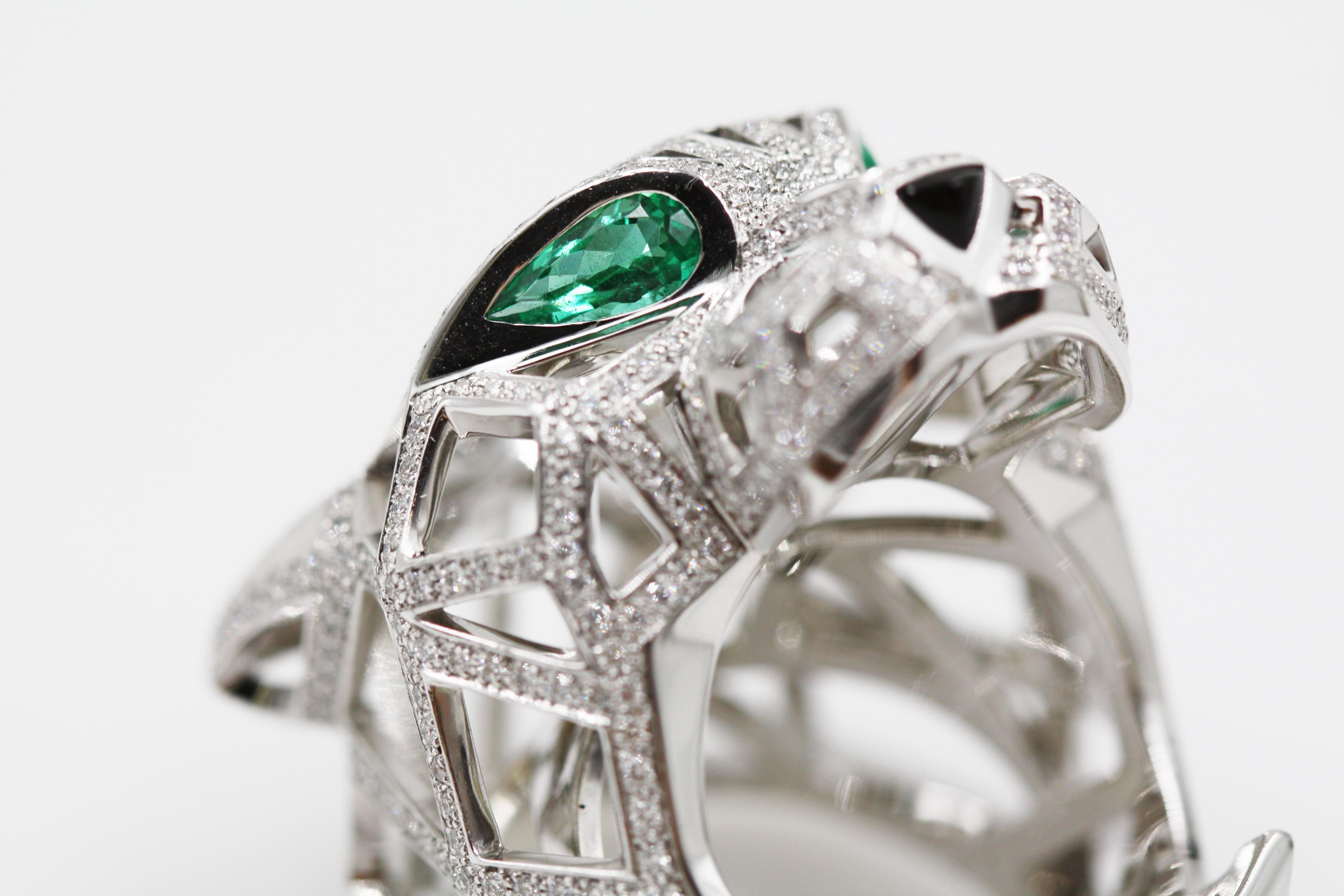 Cartier Panthere De 18 Karat White Gold Ring, Emeralds Onyx Diamonds For Sale 1