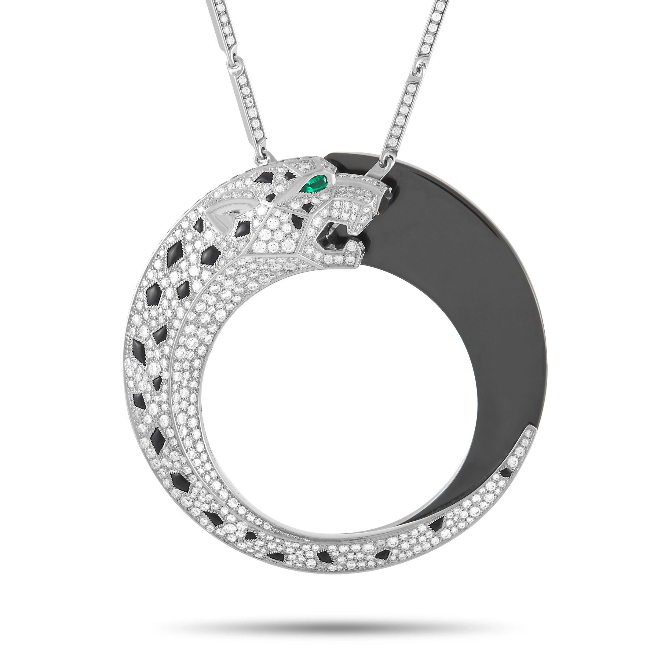 This Cartier necklace from the Panthère de Cartier collection is a stunning piece that is sure to turn heads. Crafted from 18K white gold, the necklace features a bold panthère pendant, made from 18K white gold and black ceramic. The pendant is set
