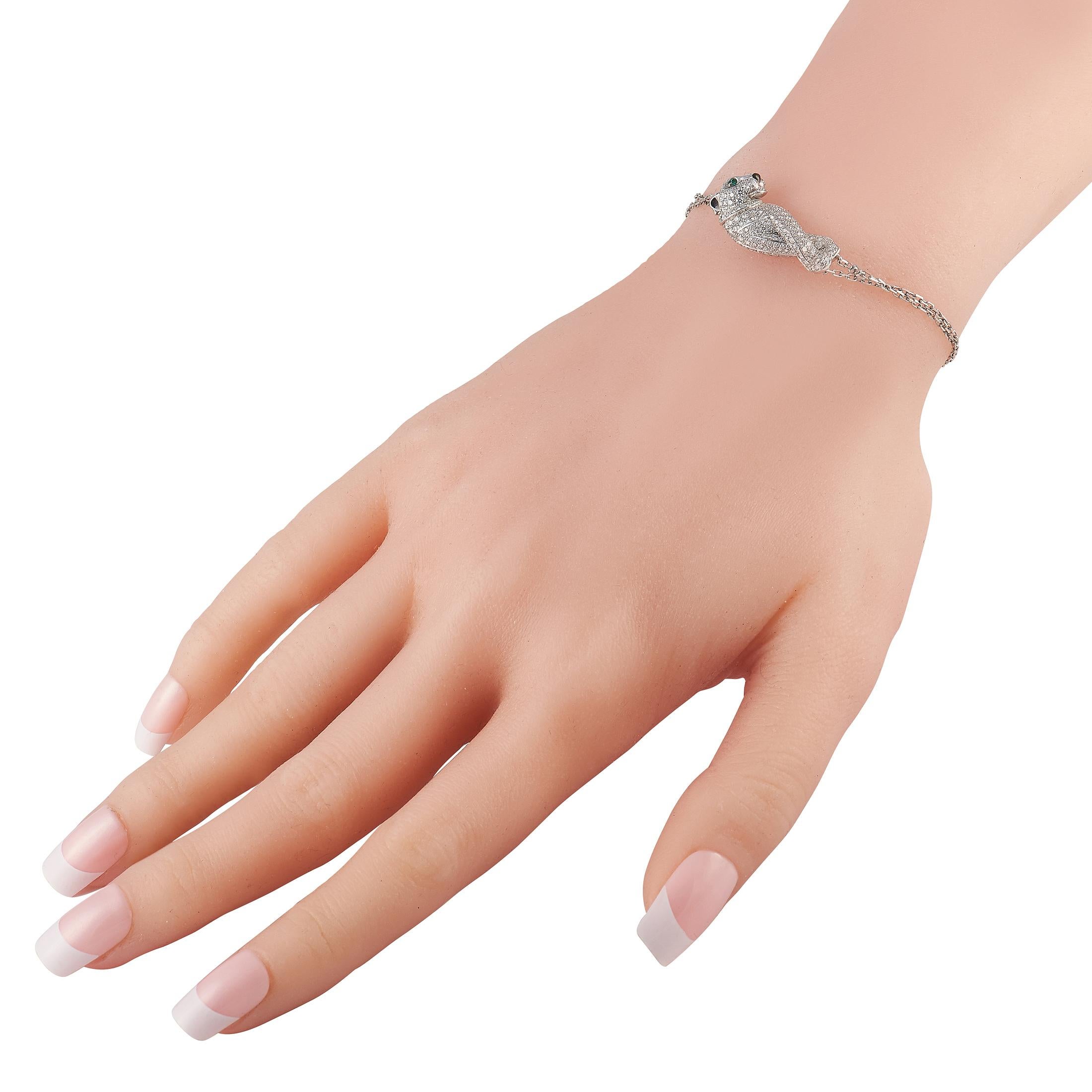 Give your outfits a fierce finish through this Panthère de Cartier bracelet. It features a 6.5-inch long bracelet chain in 18K white gold bearing a sculpted panther charm measuring 1