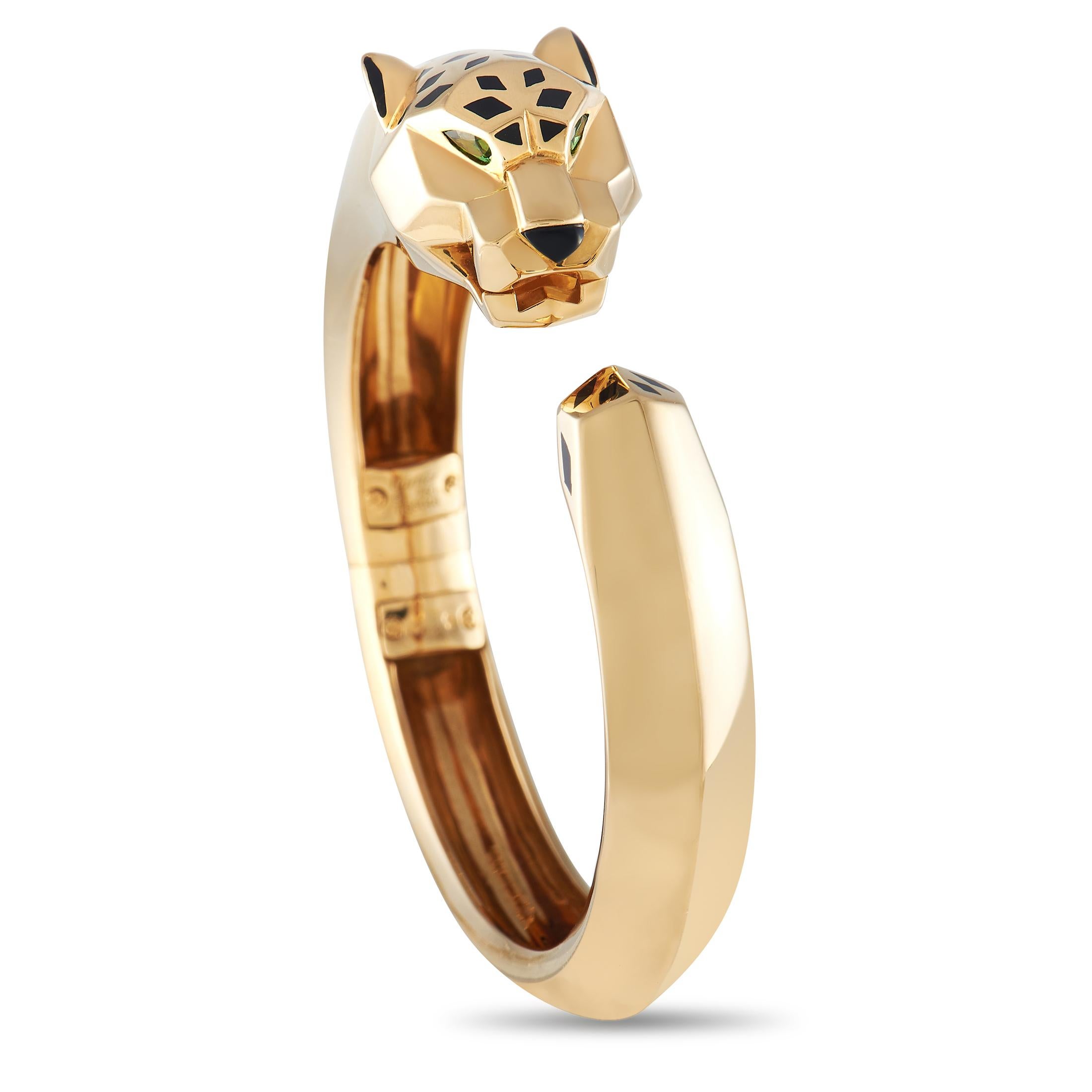 It doesn’t get any more captivating than this sleek, sophisticated Cartier Panthère de Cartier bracelet. Opulent 18K Yellow Gold highlights this piece’s clean lines and dramatic edges. Measuring 7.85” long, the brand’s iconic panther form is only