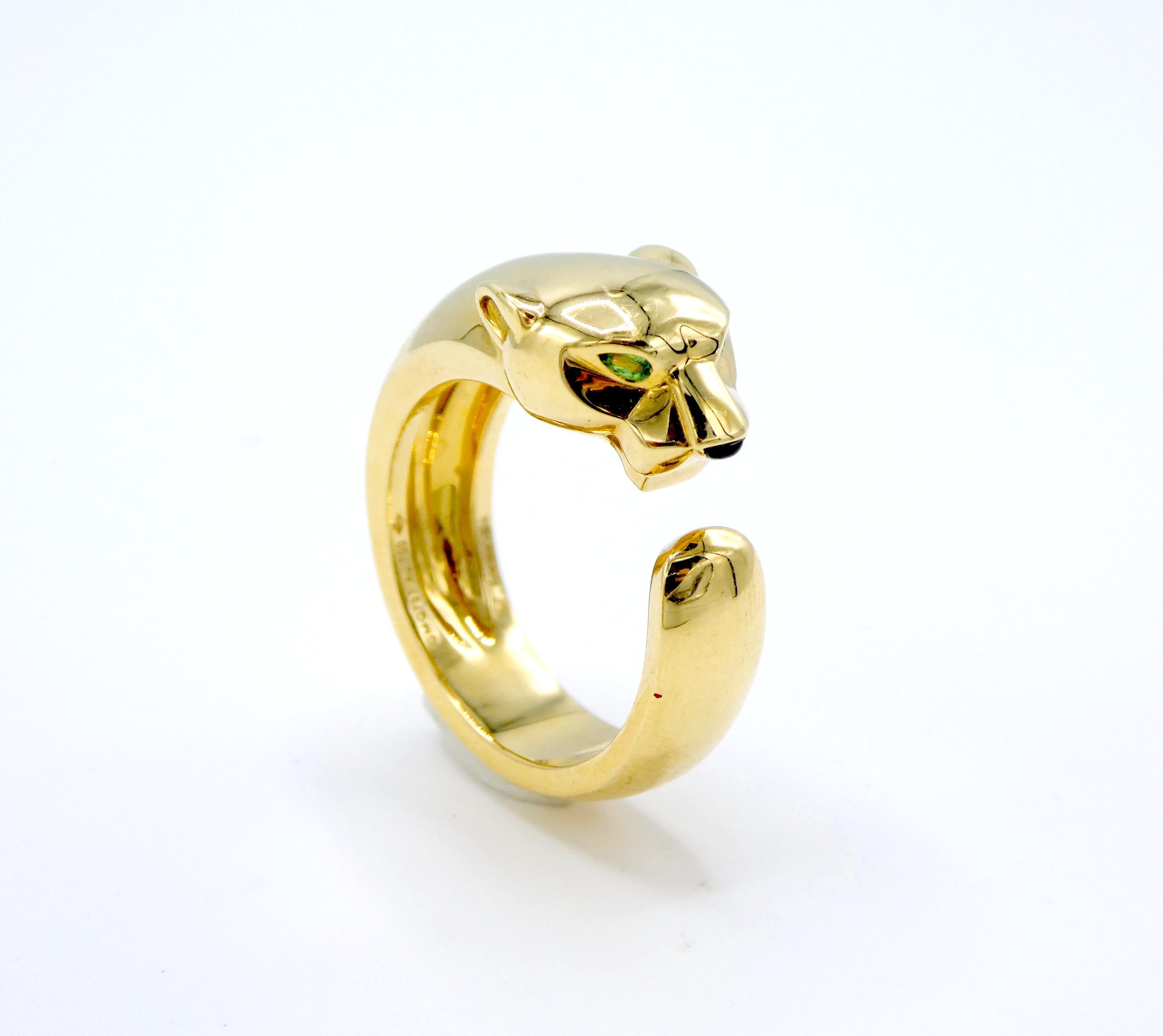 Cartier Panthère de Cartier 18K Yellow Gold Panther Ring Size 58 Estate

Designer: Cartier
Metal: 18k yellow gold
Weight: 16.80 grams
Stones: Tsavorite Garnets, Onyx
Size 58
Width: 11mm
Signed 