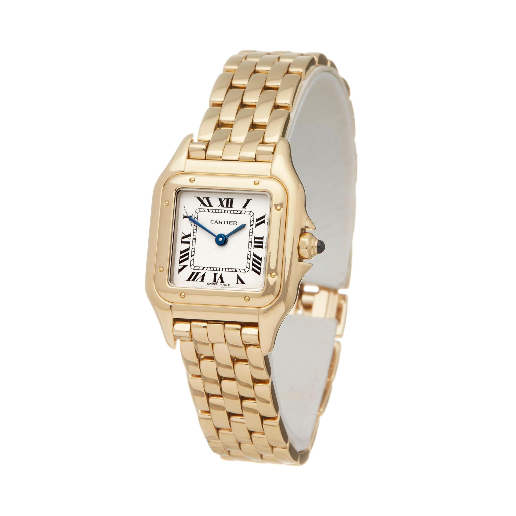 Ref: W5998
Manufacturer: Cartier
Model: Panthère de Cartier
Model Ref: W25022B9 or 1070
Age: Circa 1990's
Gender: Ladies
Complete With: Box Only
Dial: White Roman 
Glass: Sapphire Crystal
Movement: Quartz
Water Resistance: To Manufacturers