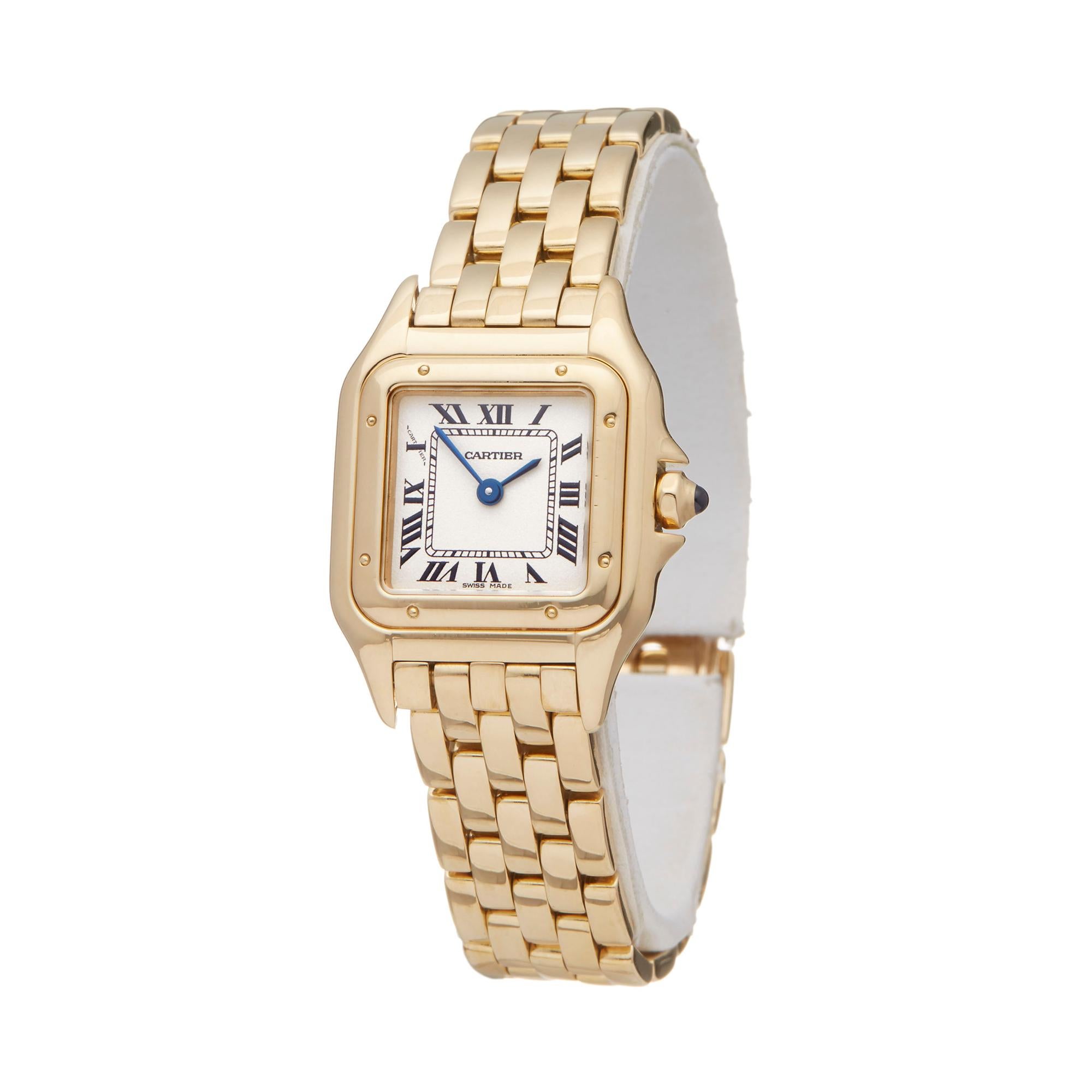Reference: W6098
Manufacturer: Cartier
Model: Panthère de Cartier
Model Reference: W25022B9 or 1070
Age: 30th May 1989
Gender: Women's
Box and Papers: Box, Manuals and Guarantee
Dial: White Roman
Glass: Sapphire Crystal
Movement: Quartz
Water