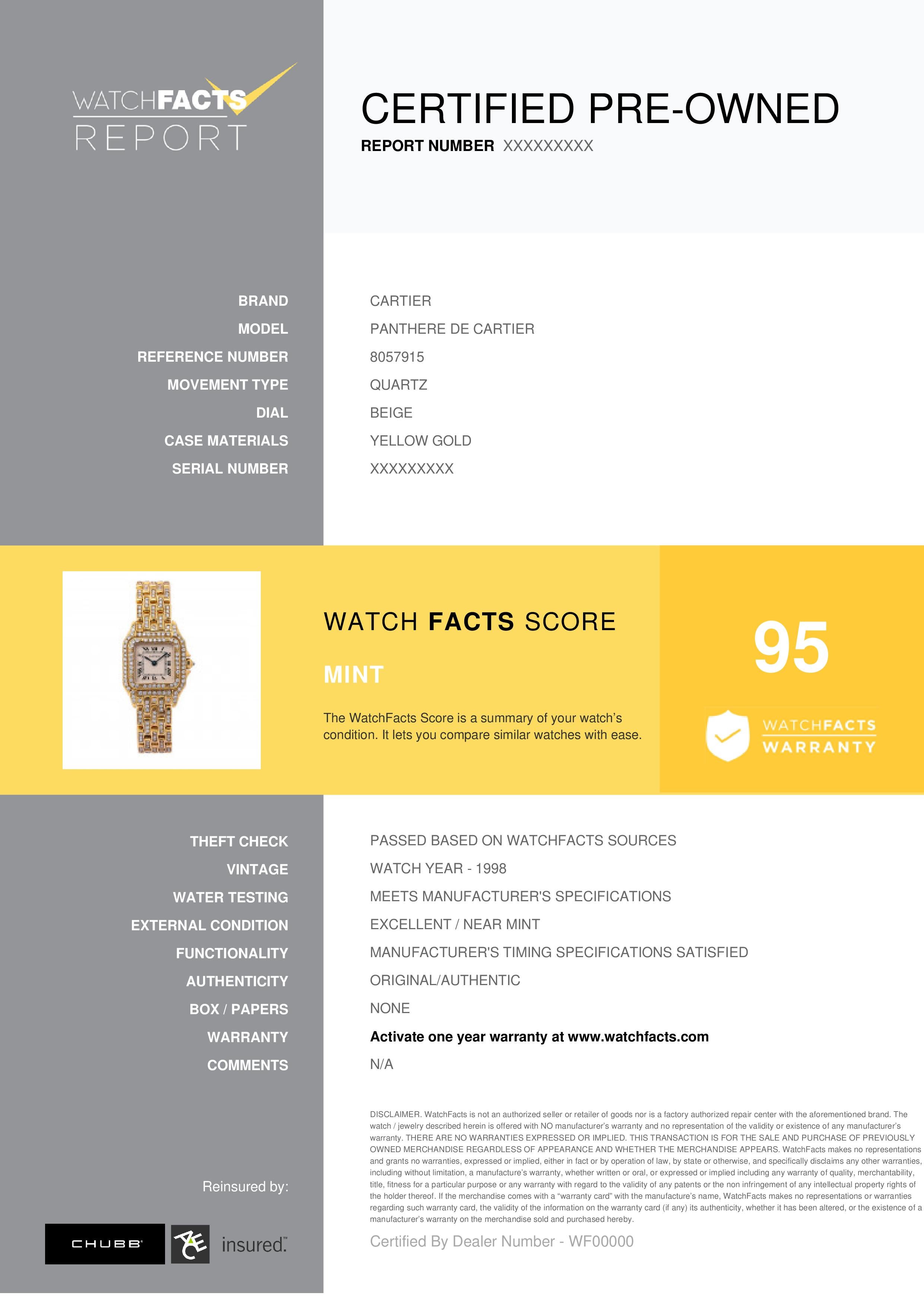 Cartier Panthere de Cartier Referenz #: 8057915. Quarzuhr für Damen Gelbgold Beige 22 MM. Geprüft und zertifiziert von WatchFacts. 1 Jahr Garantie:: angeboten von WatchFacts