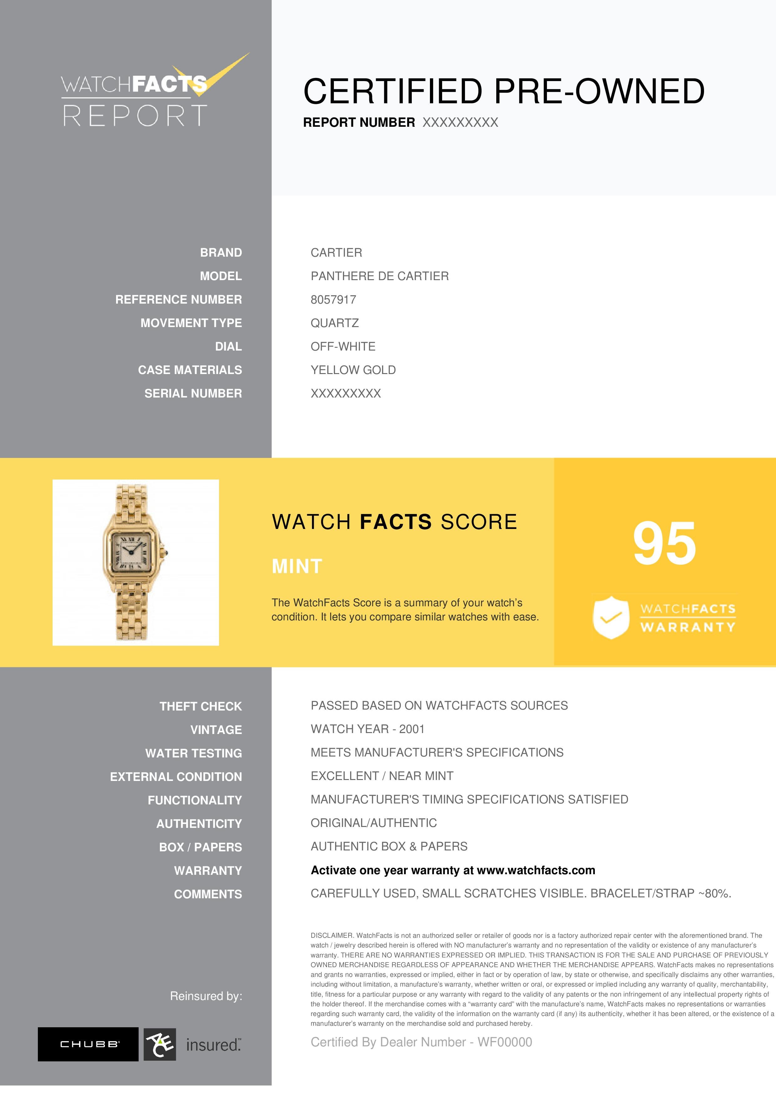 Cartier Panthere de Cartier Reference #:8057917. Cartier Panthere 8057917 Women Watch Quartz 18K Yellow Gold Off-White Dial 22mm. Verified and Certified by WatchFacts. 1 year warranty offered by WatchFacts.
