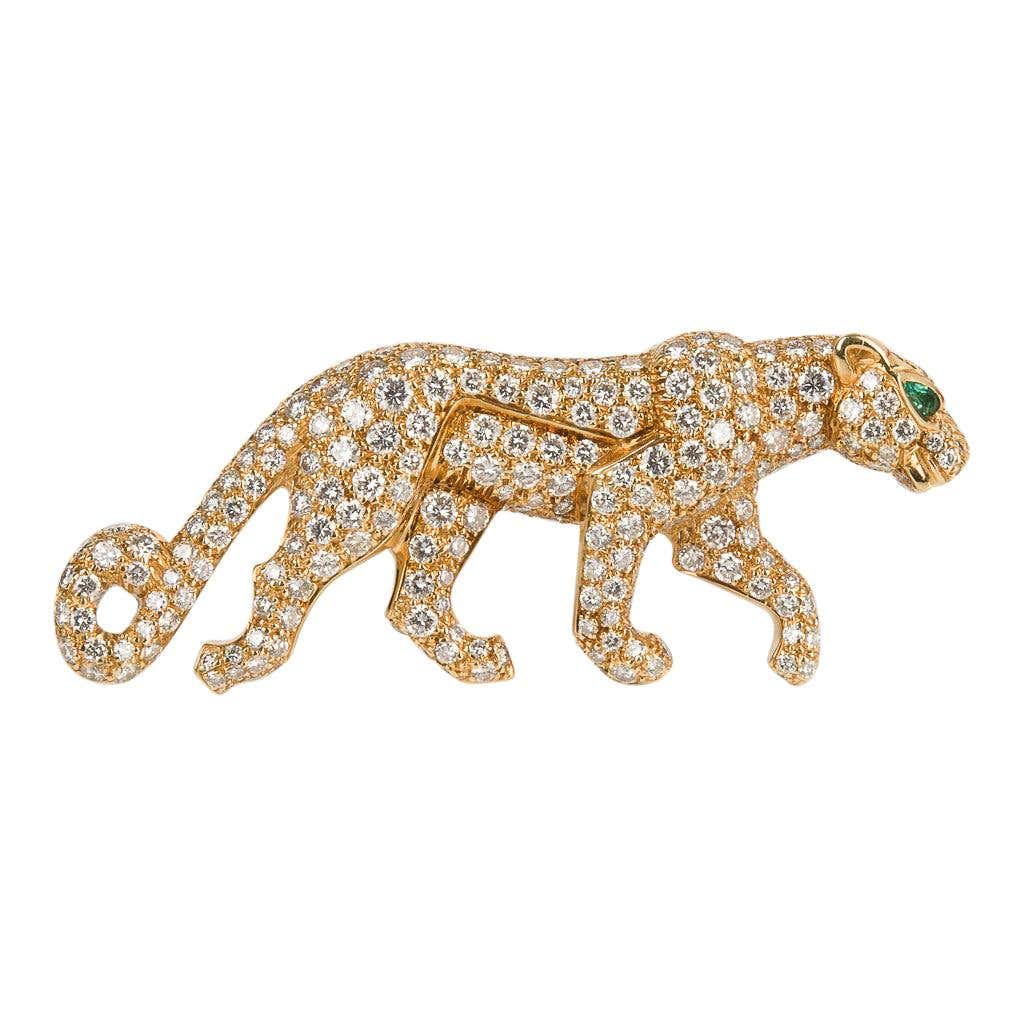 Cartier Panthere De Cartier Brooch Diamond Emerald Eye 18K Gold Signed ...