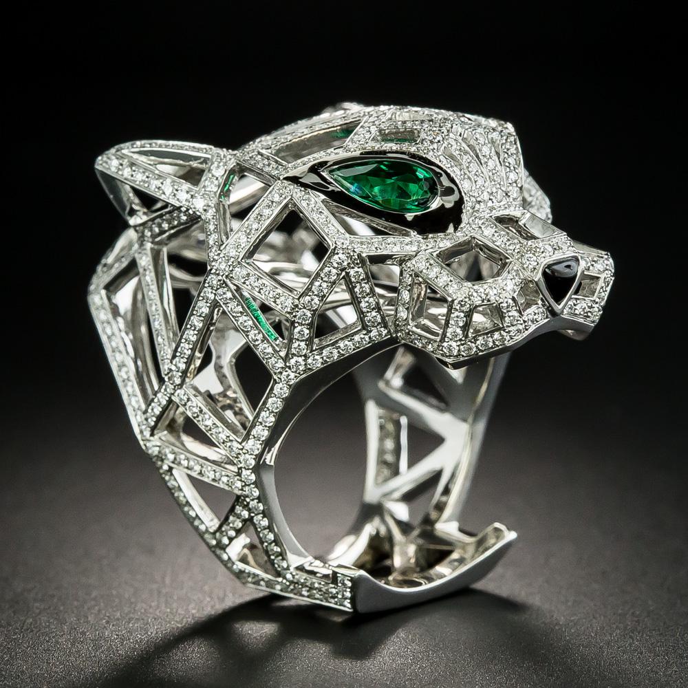 “Never copy, only create“ was the motto that Louis Cartier would pronounce to his designers. That motto is beautifully realized in this exquisite ring, masterfully designed in an arresting openwork form of the iconic Cartier panther. Rendered in 18K
