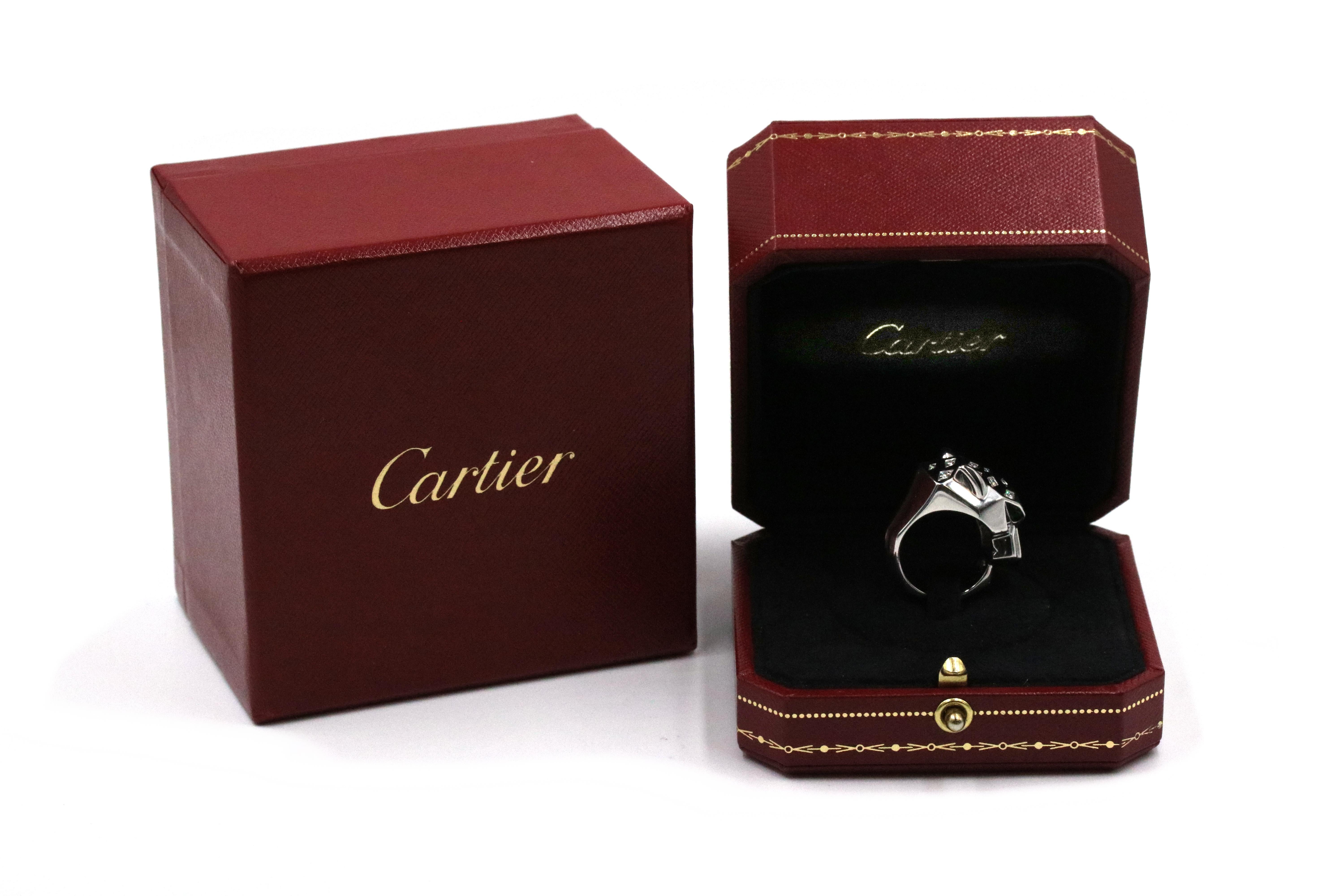 Women's Cartier Panthere De Cartier Diamond, Emerald and Onyx Ring For Sale
