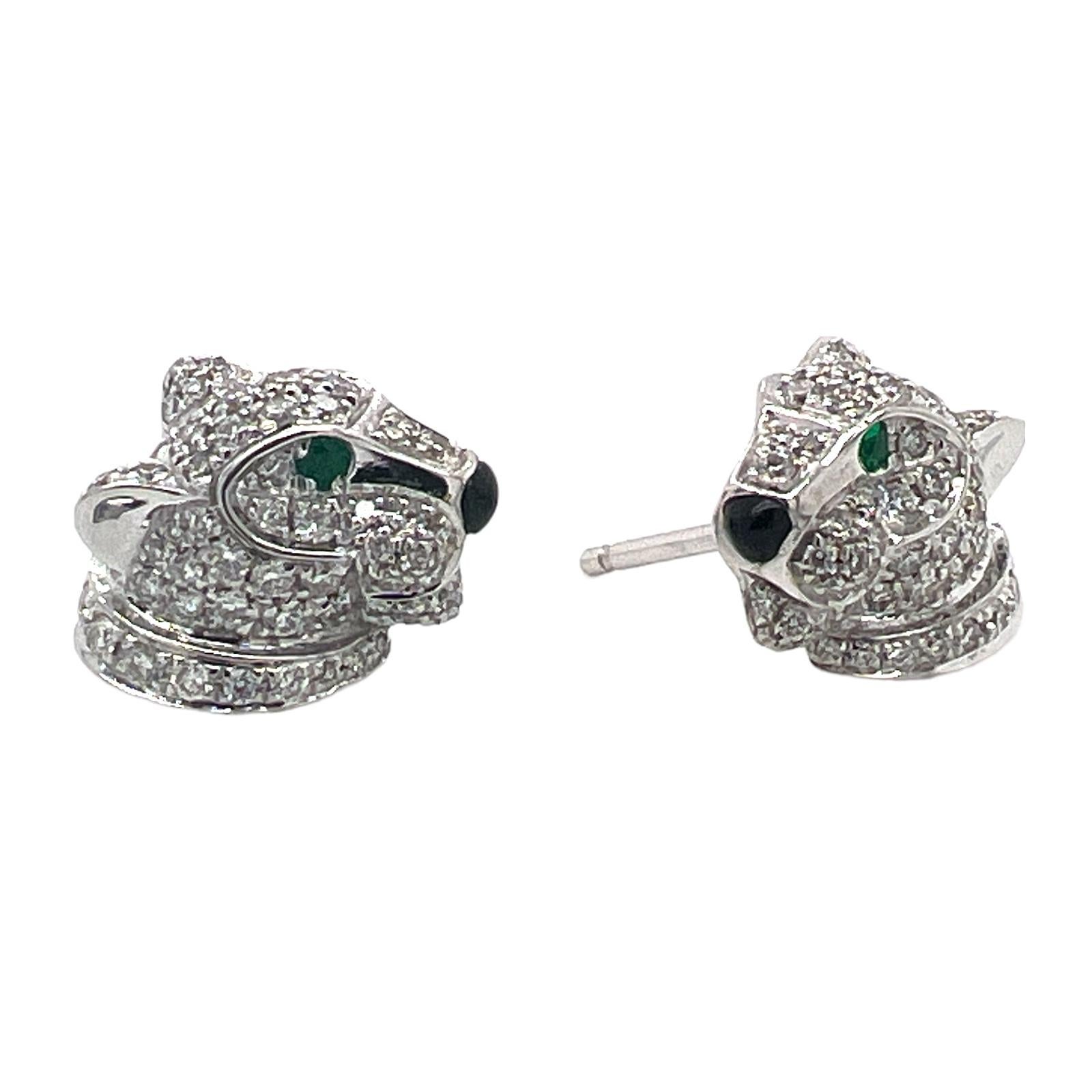 Round Cut Cartier Panthére De Cartier Diamond Onyx Emerald Stud Earrings B&P's