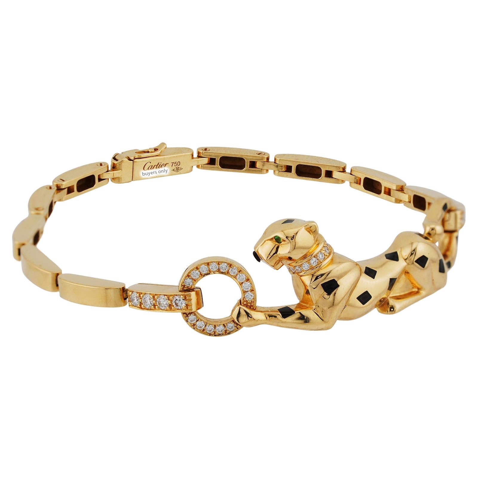 Brilliant Cut CARTIER Panthere de Cartier Diamond Tsavorite 18k Yellow Gold Link Bracelet For Sale