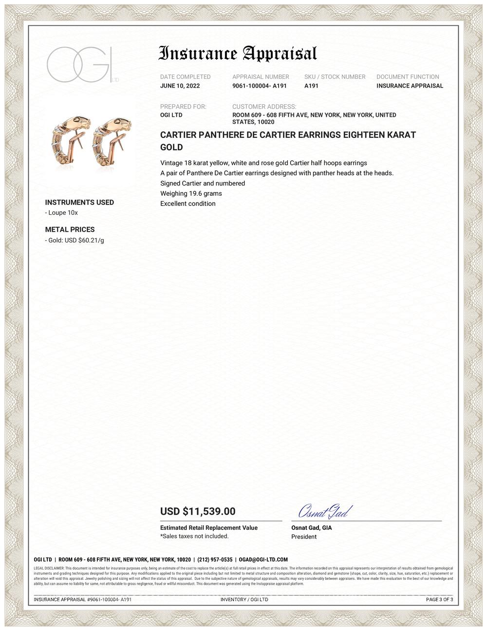 Vintage 18 karat yellow, white and rose gold Cartier half hoops earrings
A pair of Panthere De Cartier earrings designed with panther heads at the heads.
Signed Cartier and numbered
Weighing 19.6 grams
Cartier collection Panthere De Cartier was