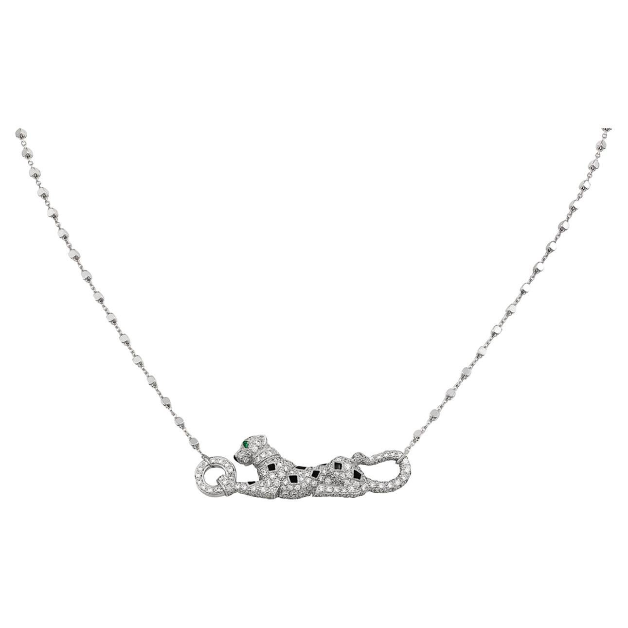 Cartier Panthere De Cartier Emeralds 0.73ct Pave Diamond Necklace 18k White Gold
