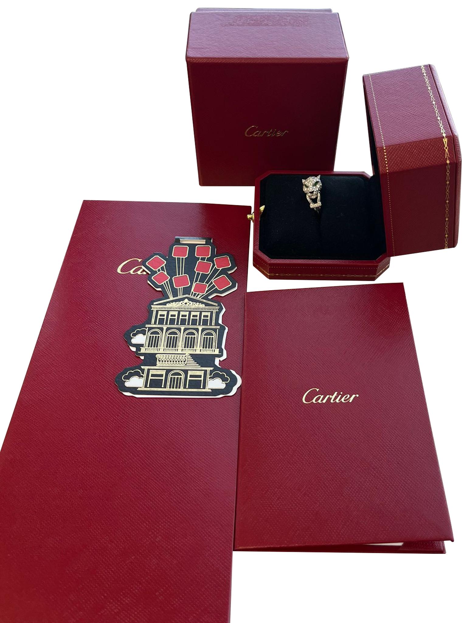 Cartier Panthère De Cartier Smaragde Onyx 0,75ct Pave Diamant Ring Weißgold Damen im Angebot