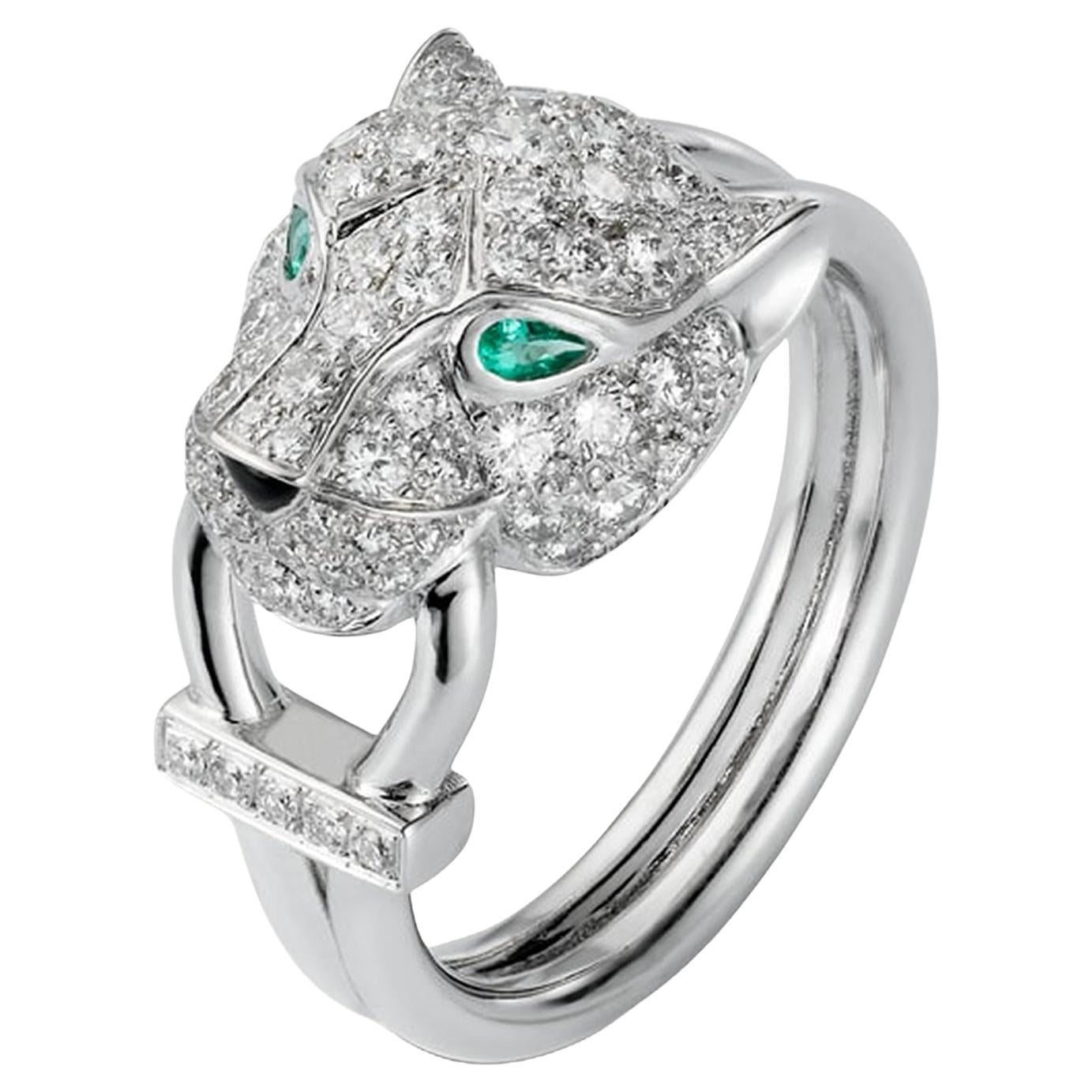 Cartier Panthère De Cartier Emeralds Onyx 0.75ct Pave Diamond Ring White Gold