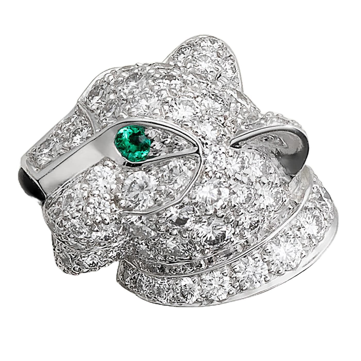Modernist Cartier Panthere de Cartier Emeralds Onyx 0.77ct Diamond Earrings White Gold For Sale
