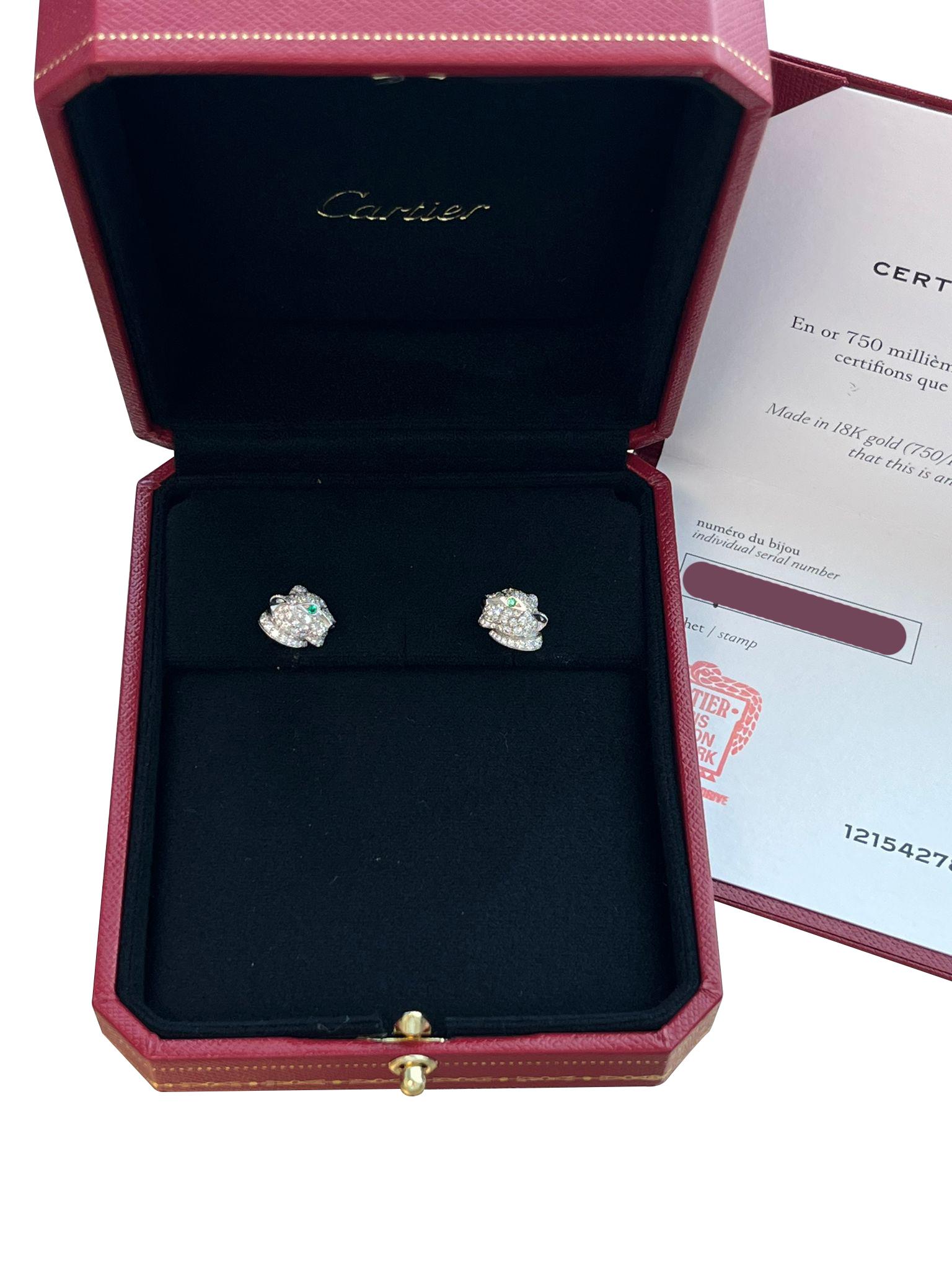 Cartier Panthere de Cartier Emeralds Onyx 0.77ct Diamond Earrings White Gold For Sale 1
