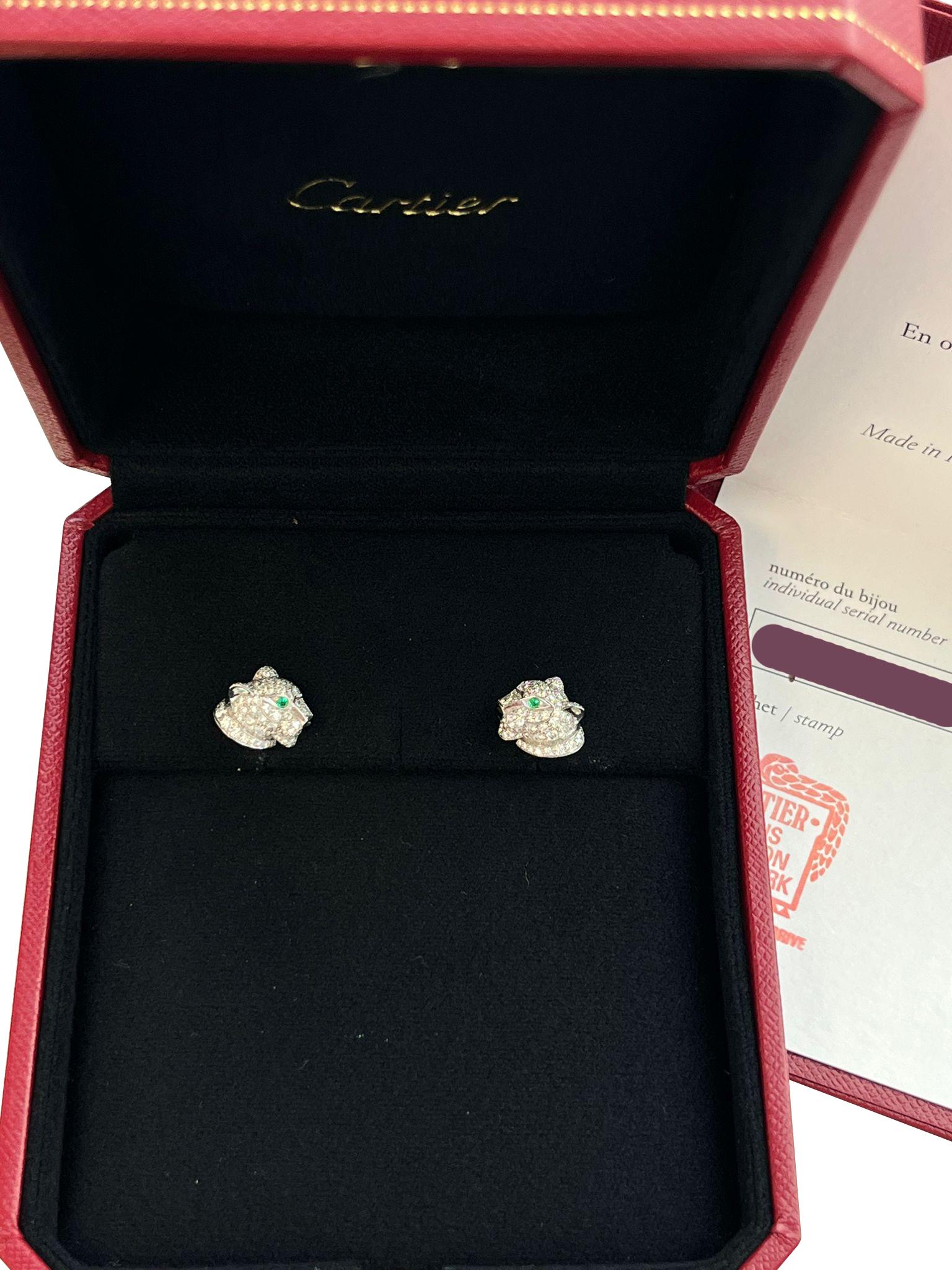 Cartier Panthere de Cartier Emeralds Onyx 0.77ct Diamond Earrings White Gold For Sale 2
