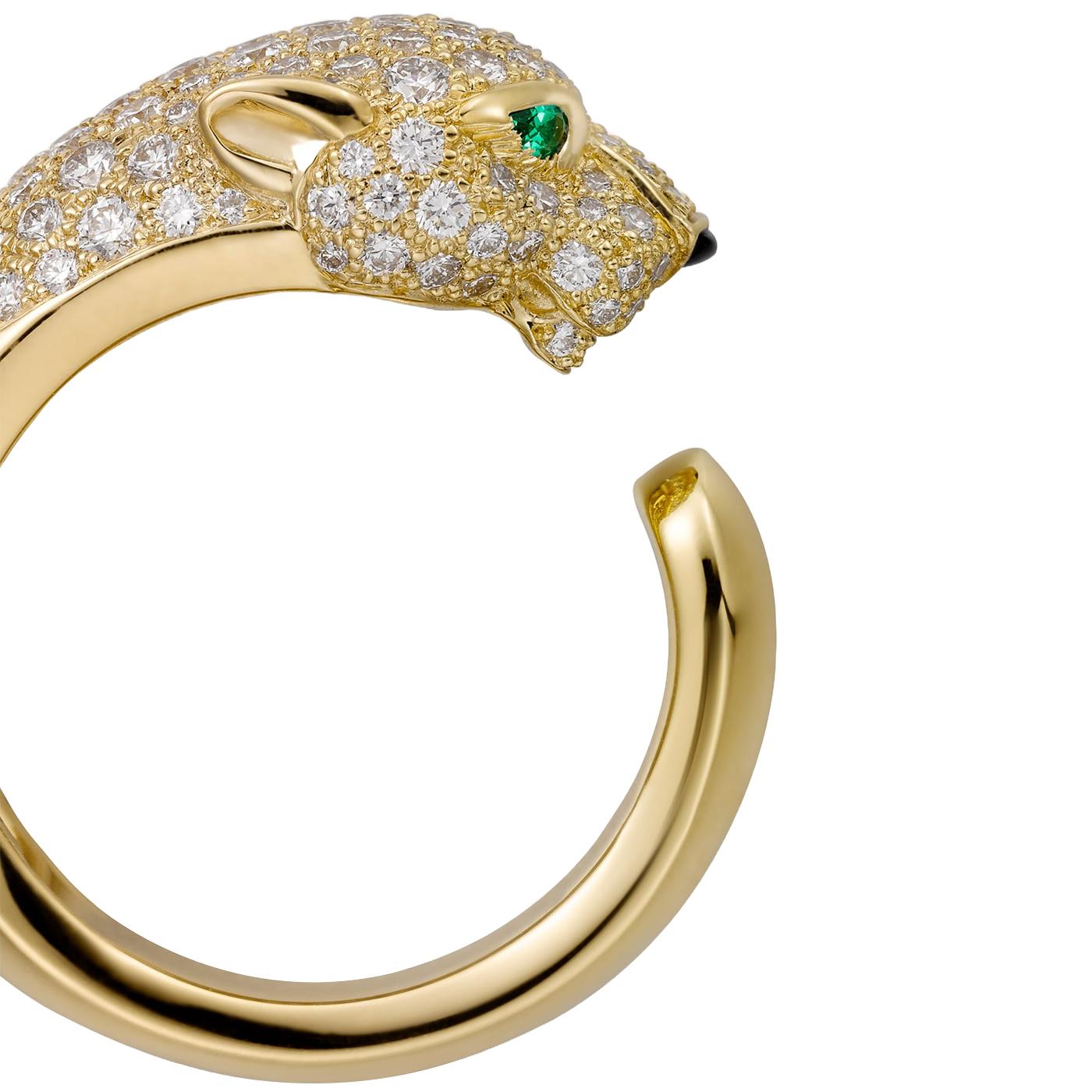 Modernist Cartier Panthère De Cartier Emeralds Onyx 1.15ct Diamonds Ring 18k Yellow Gold For Sale