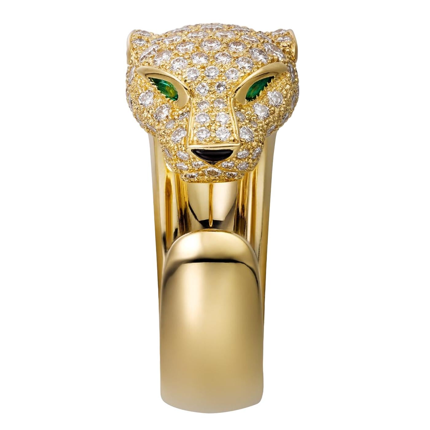Brilliant Cut Cartier Panthère De Cartier Emeralds Onyx 1.15ct Diamonds Ring 18k Yellow Gold For Sale