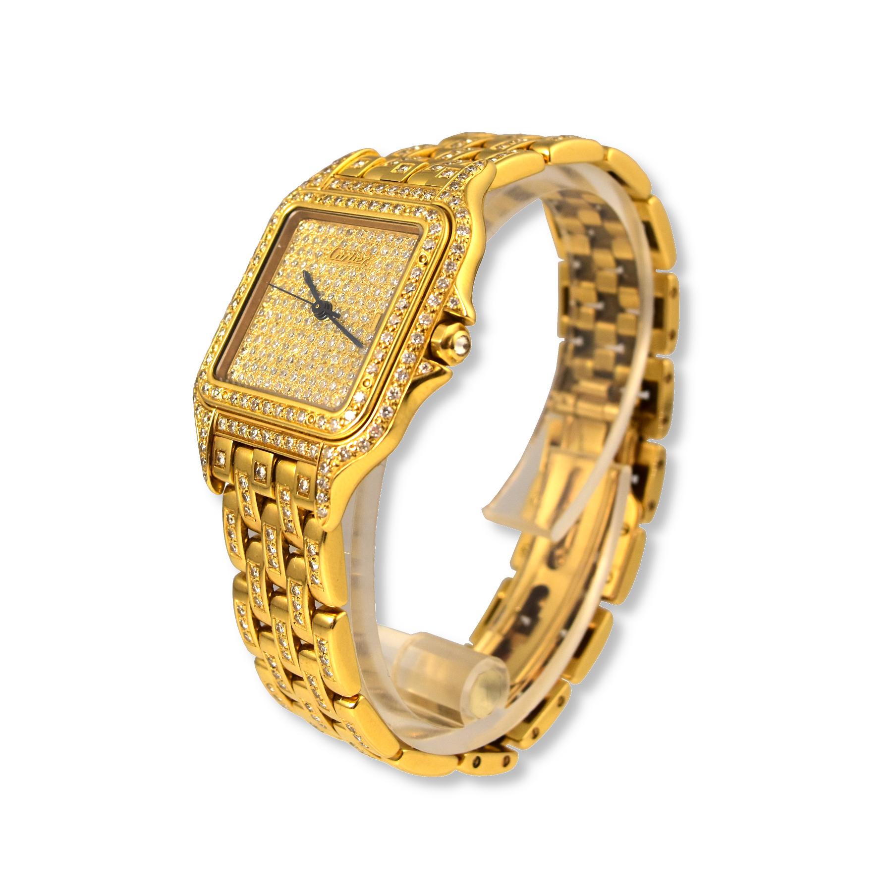 Brand: Cartier

Collection:  Panthere De Cartier 

Model #: XX

Movement: Quartz

Case Size : 31 mm
Case Material: Yellow Gold 
Dial:  Diamond Encrusted
Bezel:  Diamond Encrusted 
Precious Stone:  Diamond Cabochon

Bracelet : Yellow Gold

Bracelet