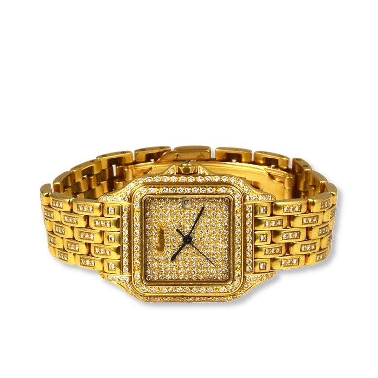 Round Cut Cartier Panthere De Cartier in 18k Yellow Gold Diamond Watch For Sale