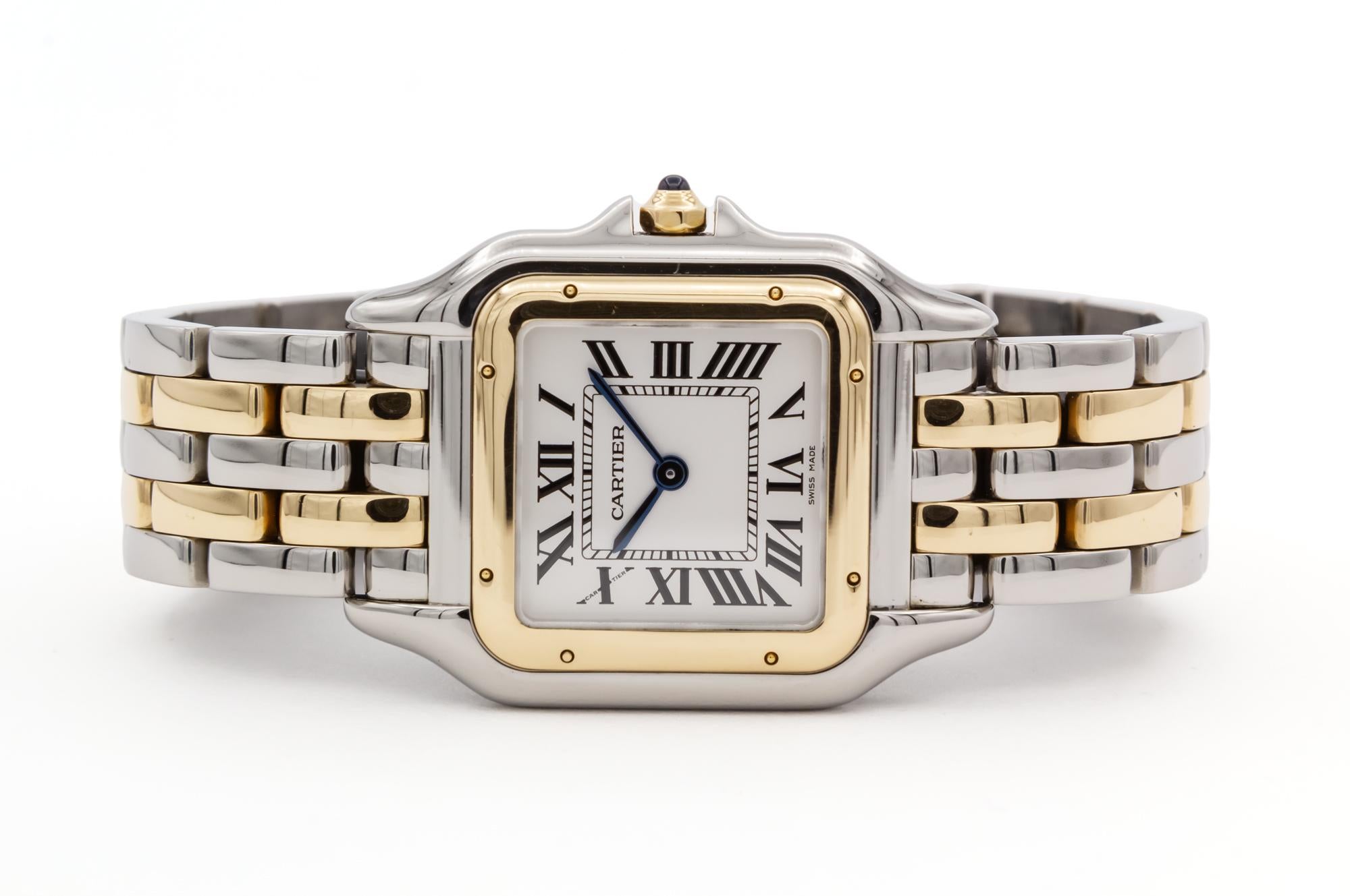 We are pleased to offer this Cartier Medium Sized Panthere De Cartier Watch. With Cartier's classic styling this watch features a 29mm x 37mm stainless steel case, 18k yellow gold bezel, stainless steel and 18k yellow gold bracelet, blue spinel
