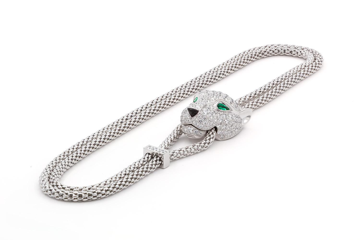 Cartier Panthere De Cartier Necklace 18k White Gold Diamond Emerald & Onyx For Sale 3