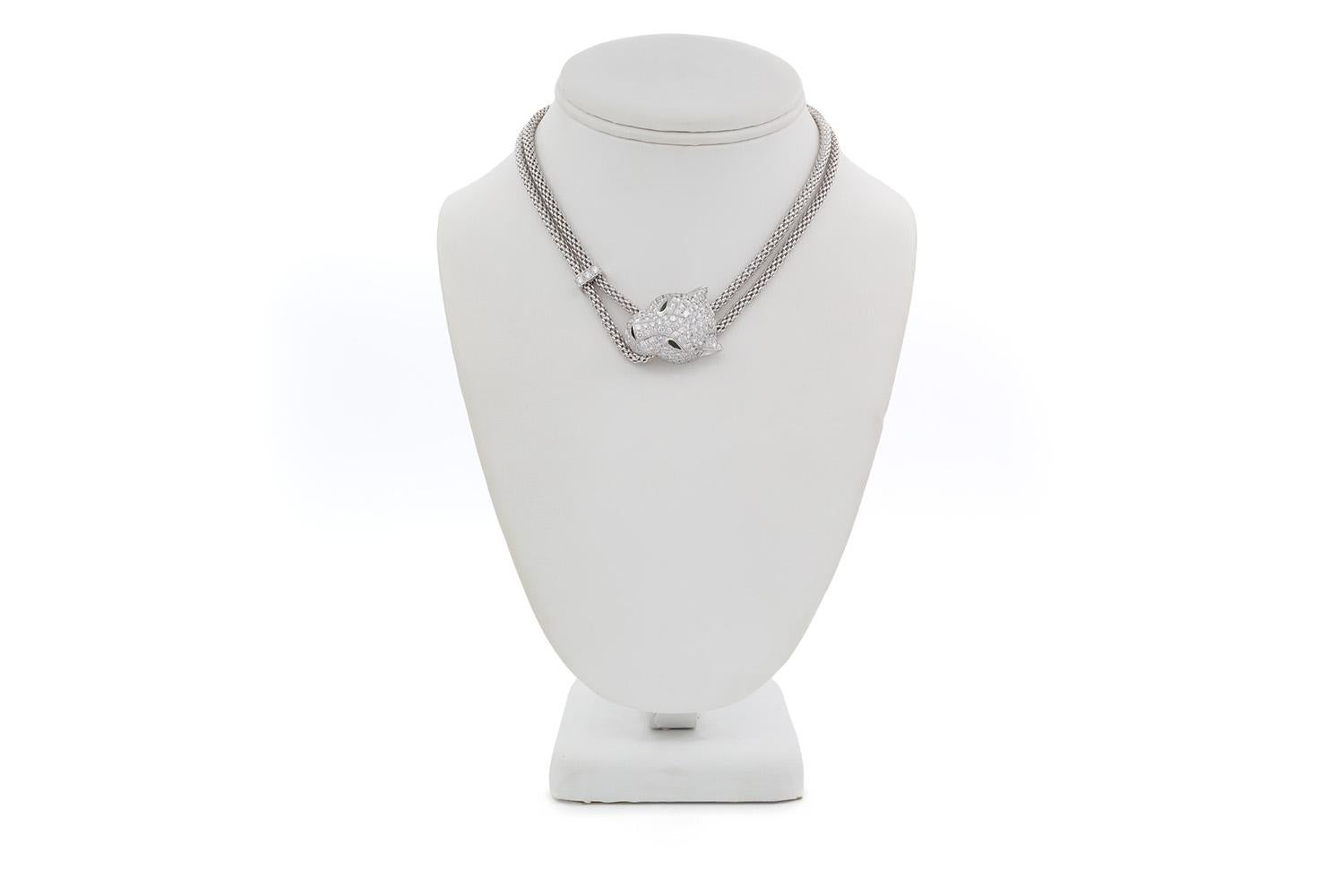 Cartier Panthere De Cartier Necklace 18k White Gold Diamond Emerald & Onyx For Sale 6