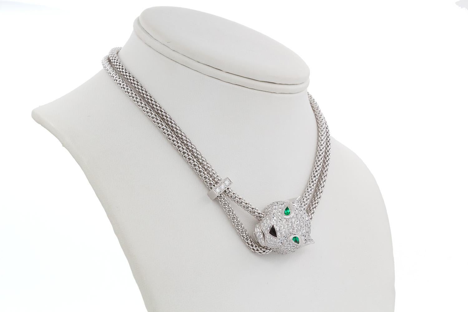 Cartier Panthere De Cartier Necklace 18k White Gold Diamond Emerald & Onyx For Sale 7