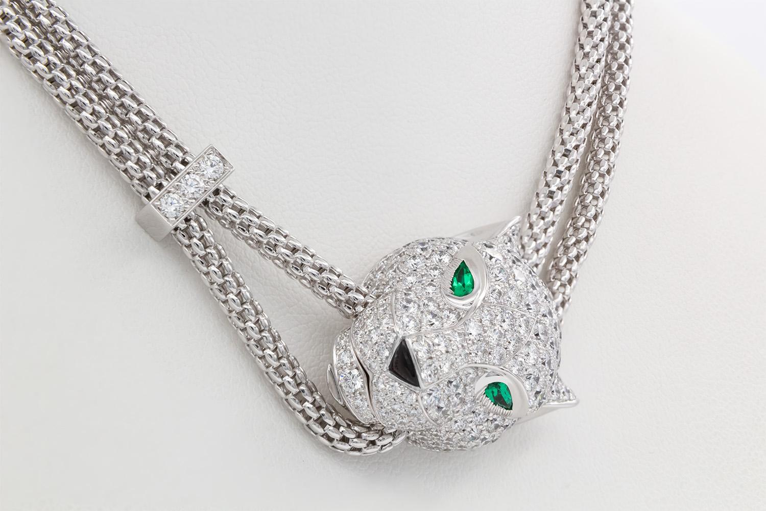 Cartier Panthere De Cartier Necklace 18k White Gold Diamond Emerald & Onyx For Sale 8
