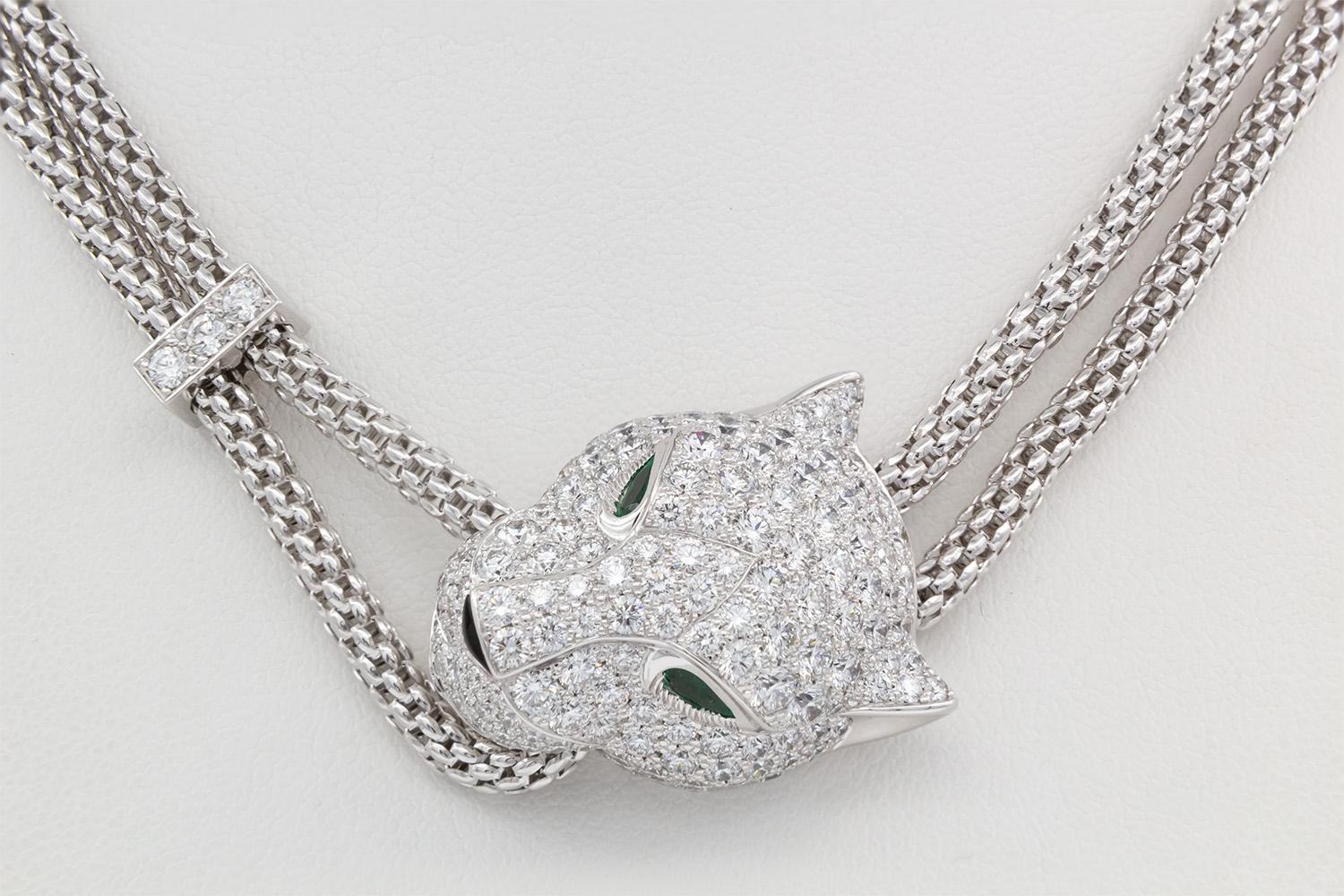 Cartier Panthere De Cartier Necklace 18k White Gold Diamond Emerald & Onyx For Sale 9