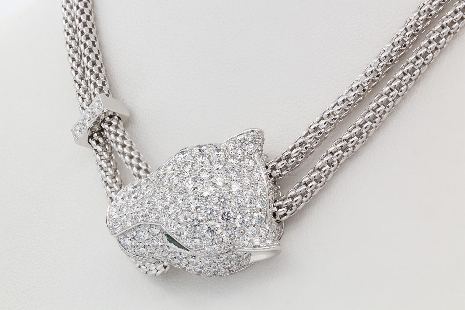 Cartier Panthere De Cartier Necklace 18k White Gold Diamond Emerald & Onyx For Sale 10