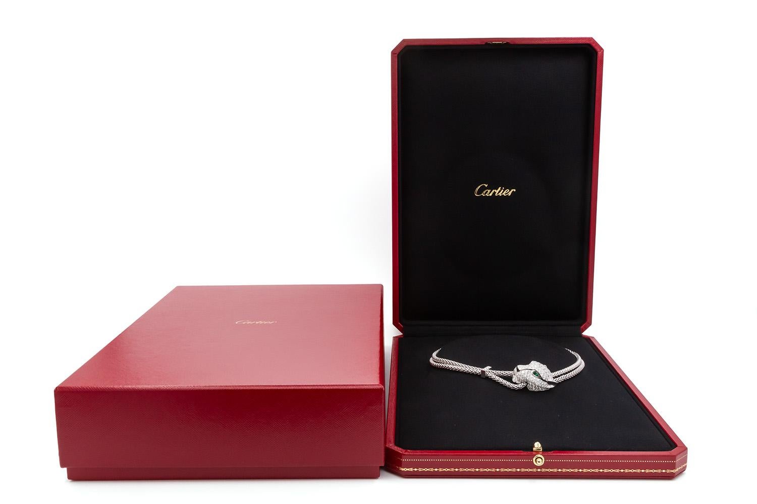 Cartier Panthere De Cartier Necklace 18k White Gold Diamond Emerald & Onyx For Sale 12