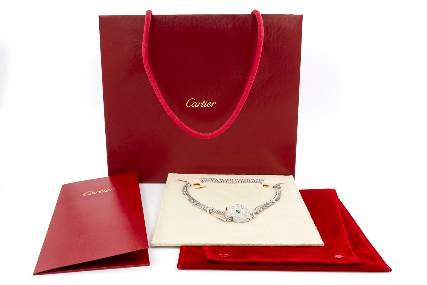 Cartier Panthere De Cartier Necklace 18k White Gold Diamond Emerald & Onyx For Sale 13