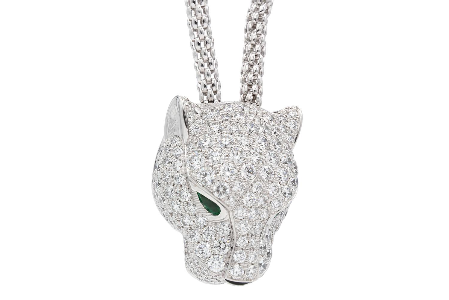 Round Cut Cartier Panthere De Cartier Necklace 18k White Gold Diamond Emerald & Onyx For Sale