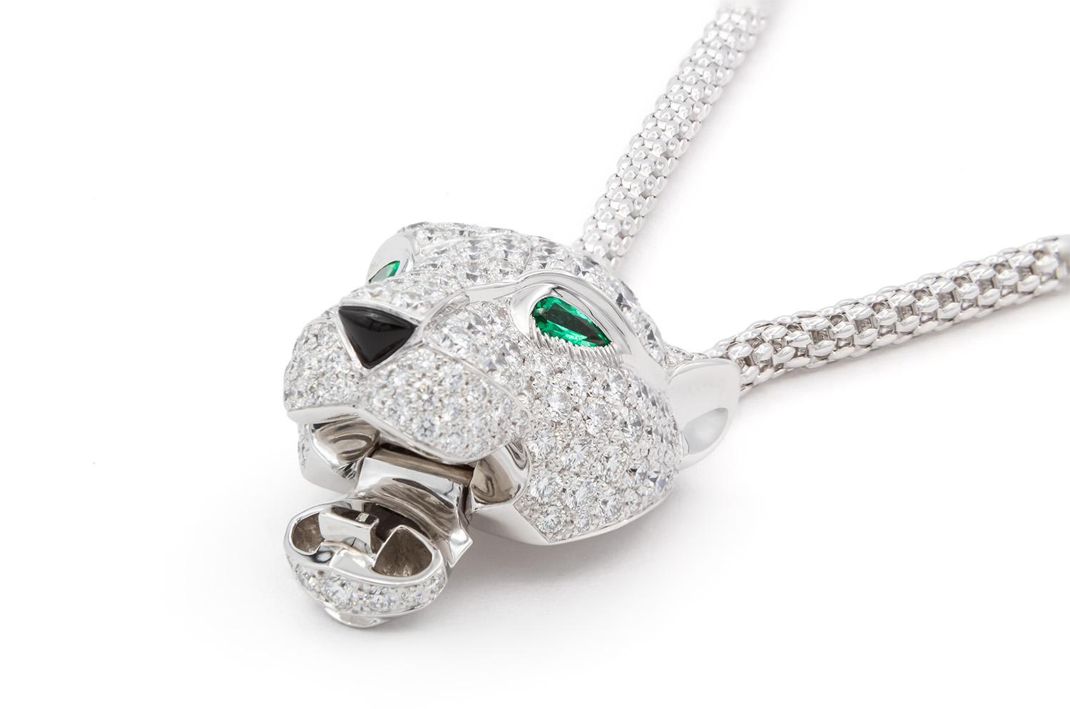 Cartier Panthere De Cartier Necklace 18k White Gold Diamond Emerald & Onyx For Sale 1