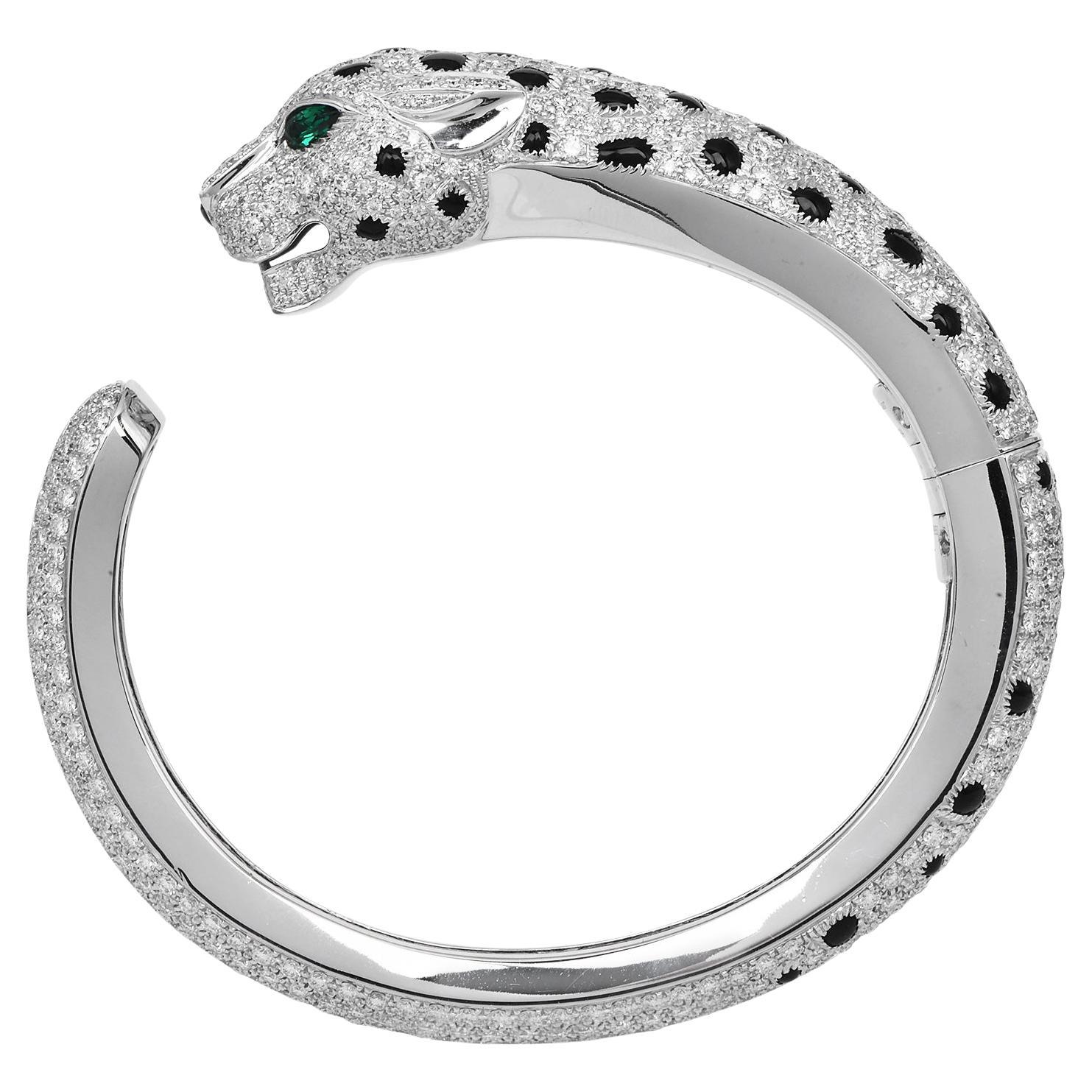 CARTIER Panthère de Cartier Platinum Diamond Emerald Onyx Bracelet Excellent état - En vente à Miami, FL