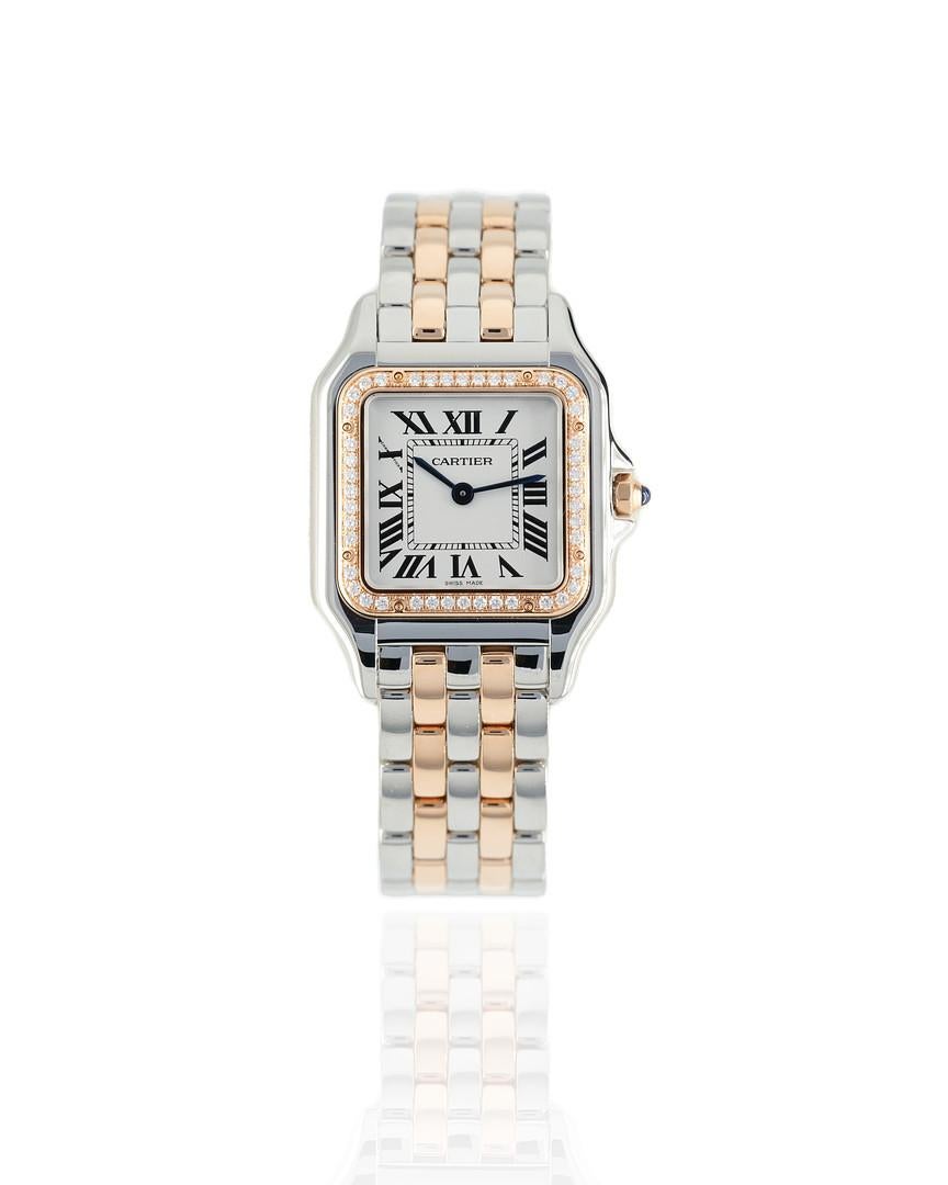The elegant and sleek Panthère de Cartier watch features a 22 x 30 x 6 mm rectangular-shaped case with rounded edges that is crafted from both rose gold and steel, with curved lugs, and an eye-catching octagonal-shaped crown in rose gold that