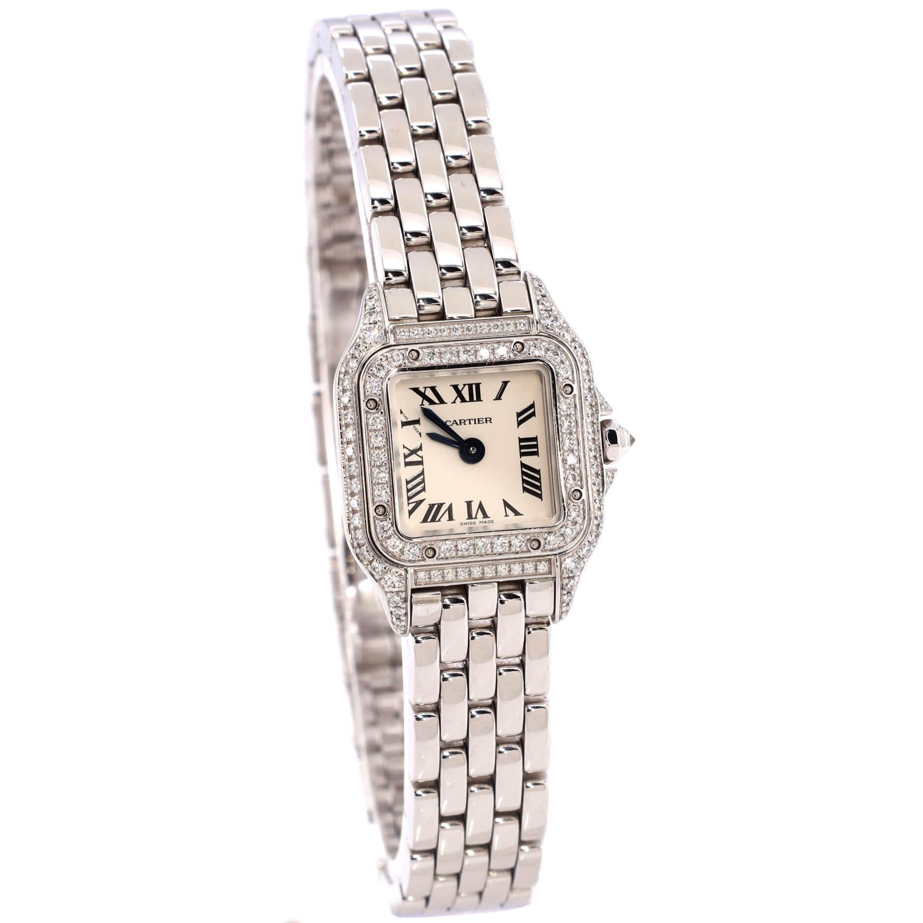 Cartier Panthere De Cartier Quartz Watch White Gold with Diamond Bezel and Lugs  In Good Condition In New York, NY
