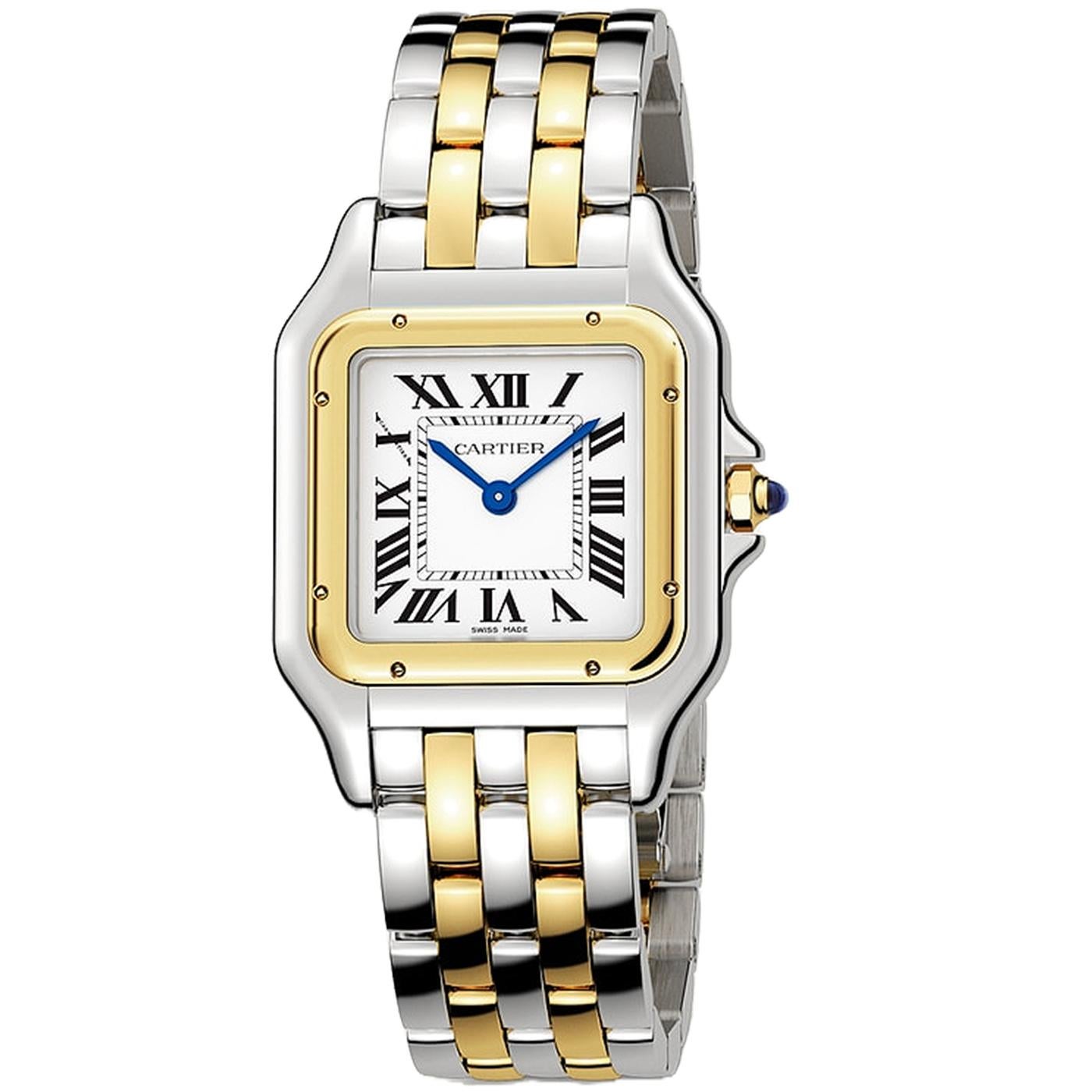 Reloj Panthère de Cartier, modelo mediano, movimiento de cuarzo. Caja de oro amarillo 750/1000 y acero, grosor: 6 mm, corona engastada con una espinela azul sintética, esfera plateada, agujas en forma de espada de acero azulado, brazalete de oro