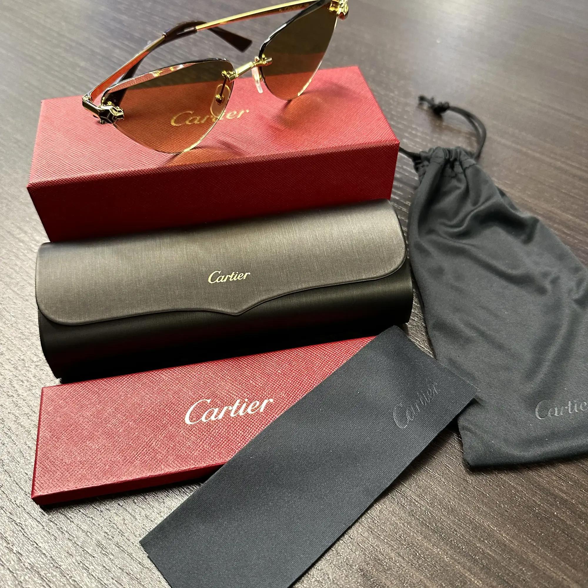 Cartier Panthere De Cartier Rimless Smooth Golden Finish Cats Eye Sunglasses For Sale 2