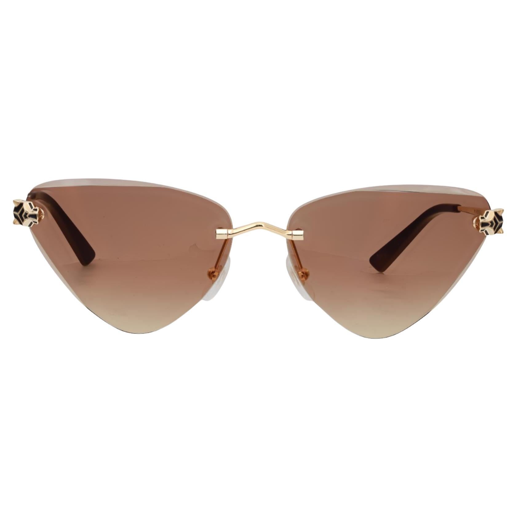 Cartier Panthere De Cartier Rimless Smooth Golden Finish Cats Eye Sunglasses For Sale