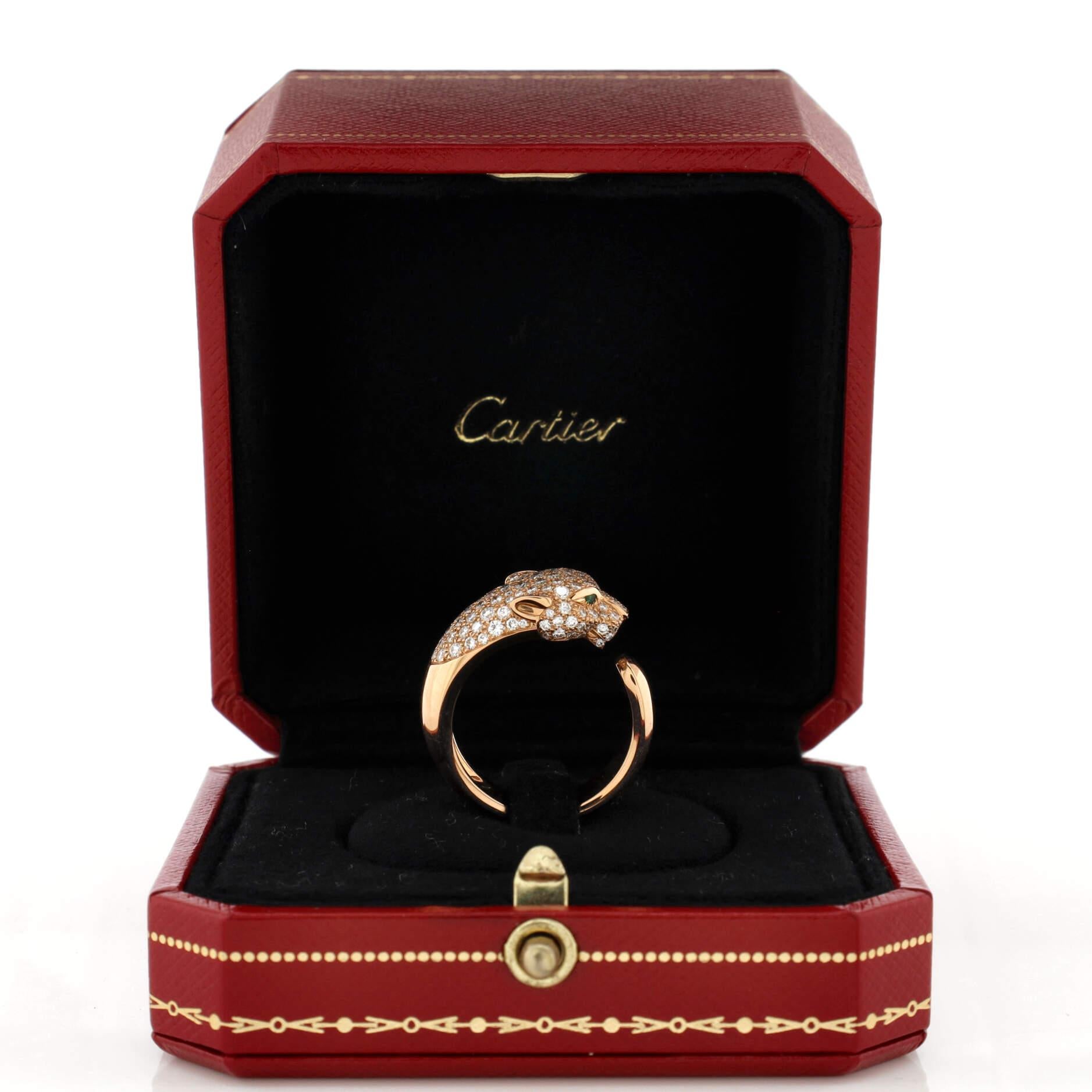 Condition: Great. Minor wear throughout.
Accessories: No Accessories
Measurements: Size: 8.25 - 58, Width: 6.55 mm
Designer: Cartier
Model: Panthere de Cartier Ring 18K Rose Gold and Half Pave Diamonds with Onyx and Emeralds
Exterior Color: Rose