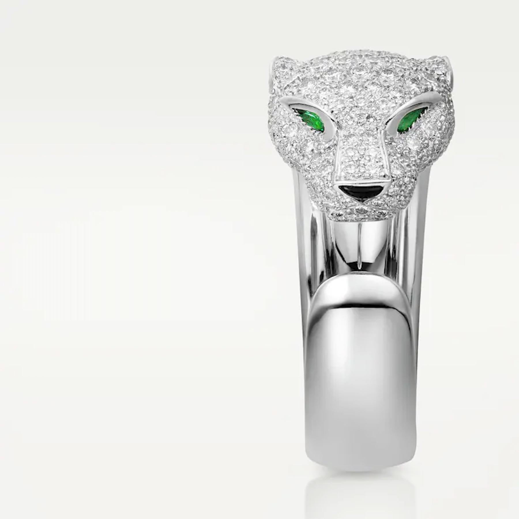 Round Cut Cartier Panthere De Cartier Ring 18k White Gold Diamonds Emeralds & Onyx